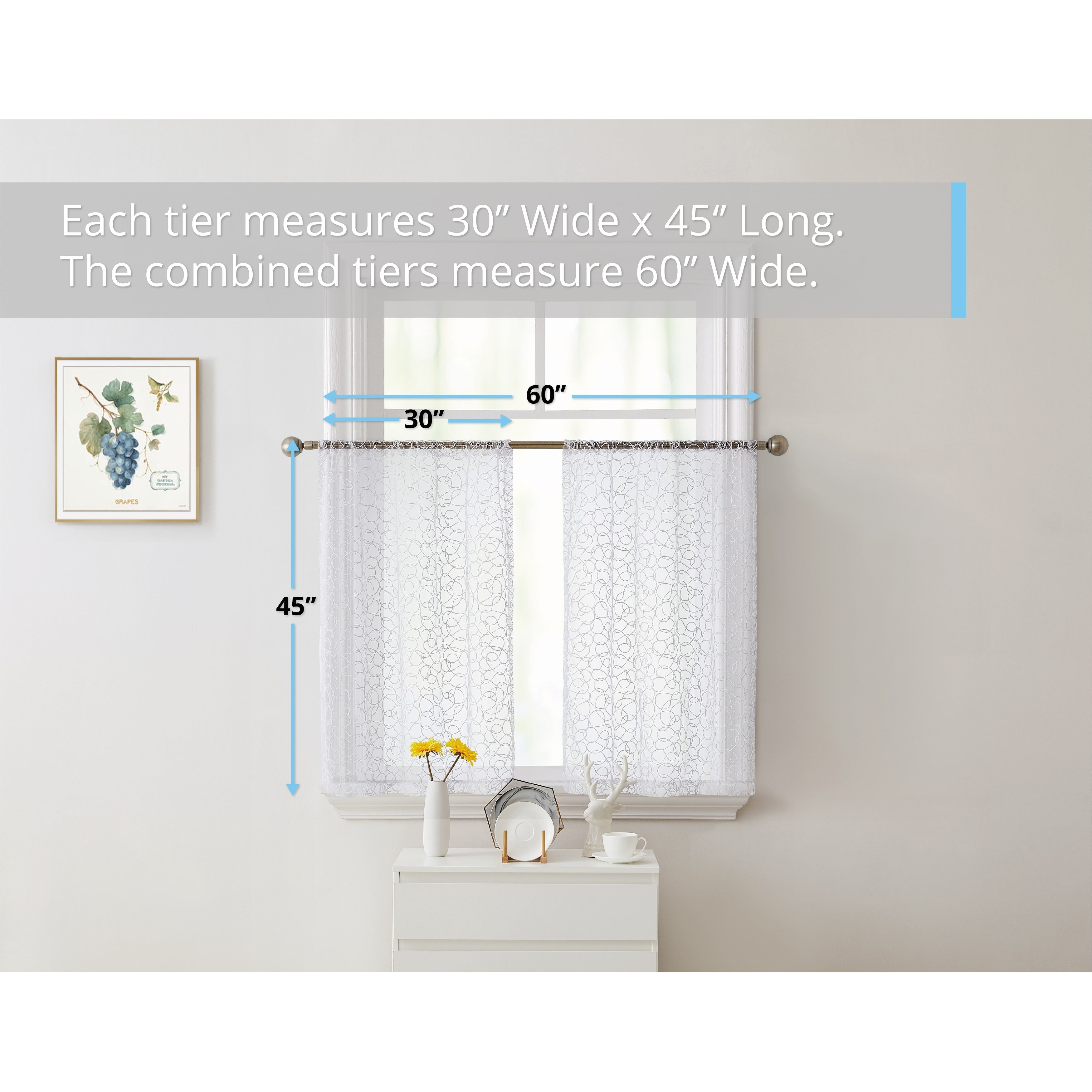 HLC.me Audrey Embroidered Sheer Voile Window Curtain Short Rod Pocket Tiers Valance Kitchen, Small Windows and Bathroom