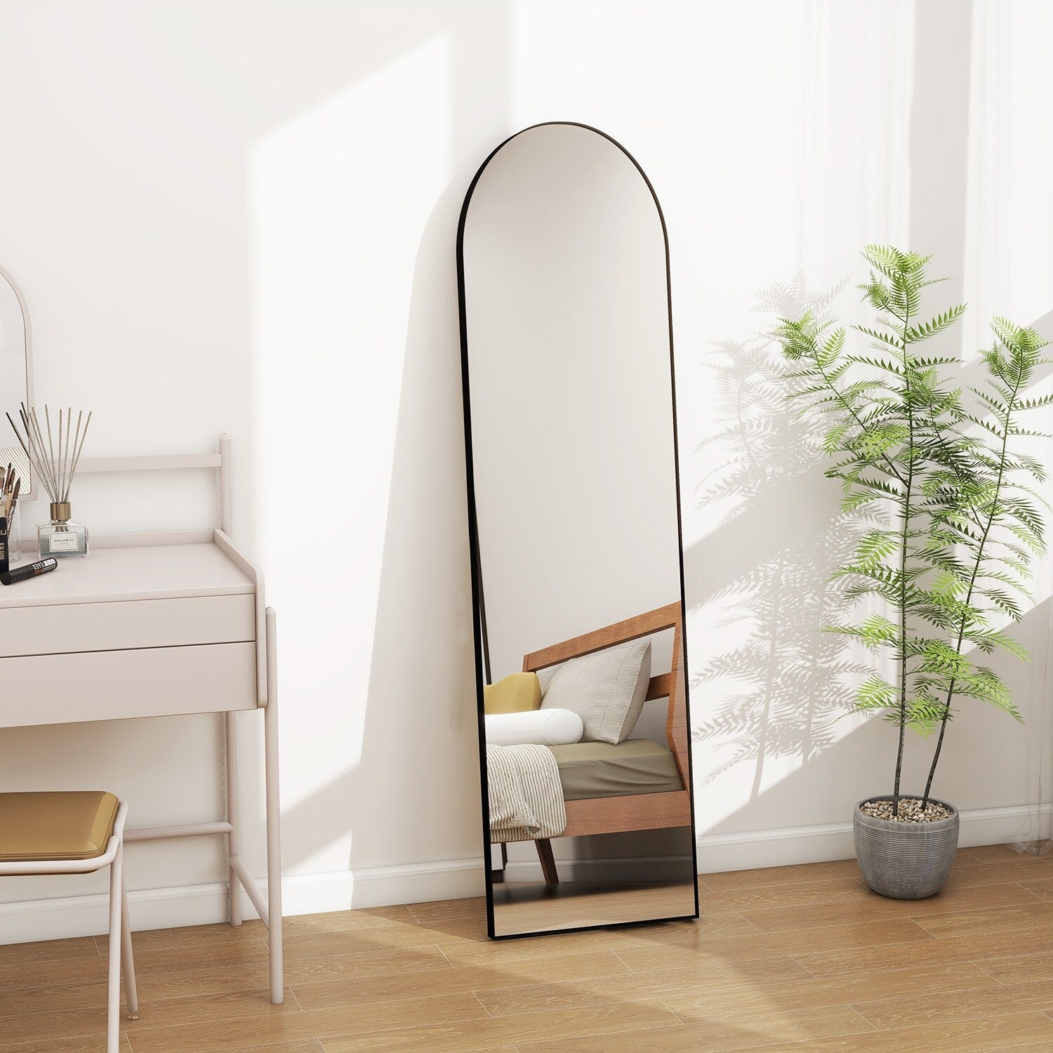 Full Length Arched Mirror with Shatter-Proof Glass & with Stand Aluminum Alloy Frame for Bedroom Cloakroom, Floor Standing