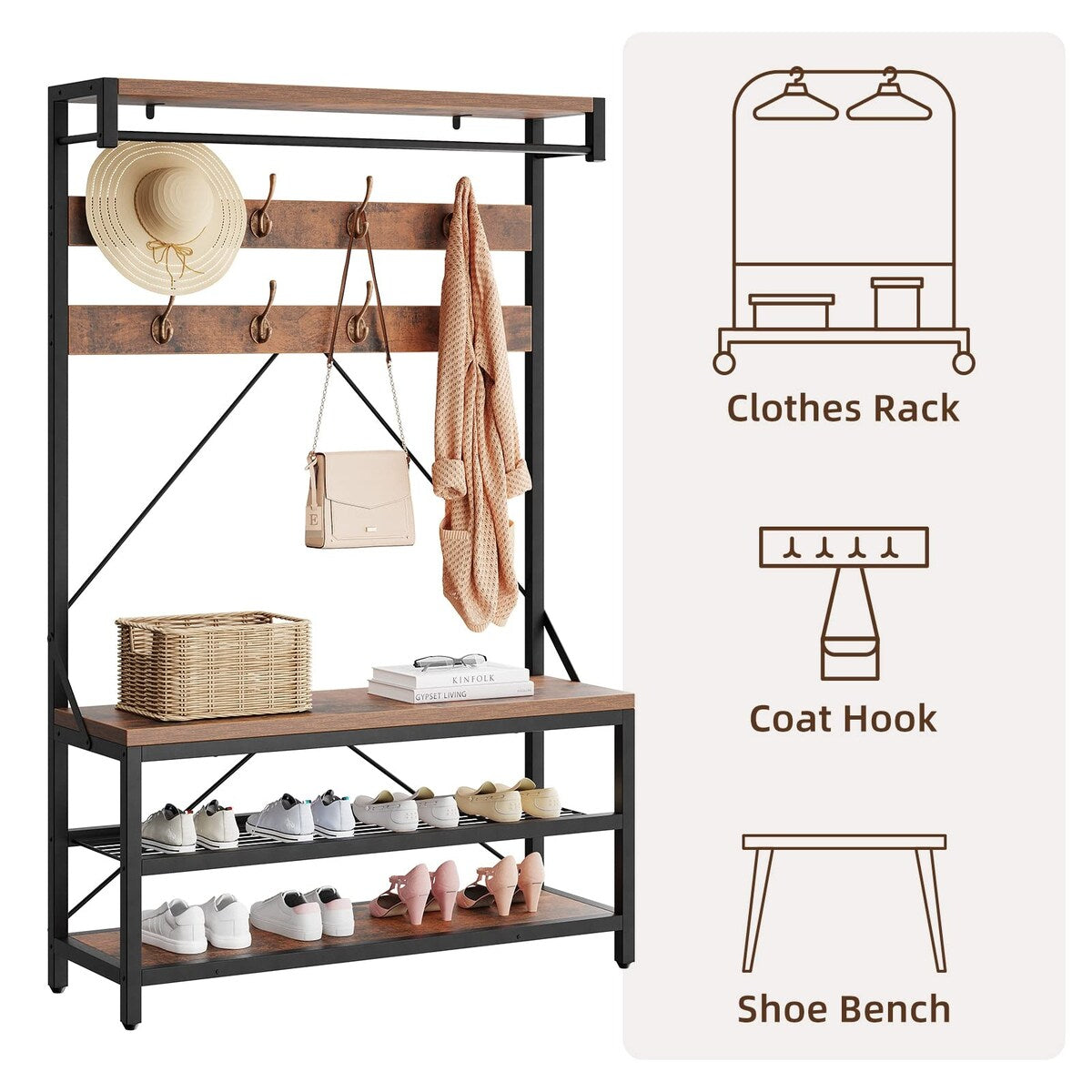 Industrial Entryway Coat Rack with Shoe Bench 3-in-1 Functional Hall Tree