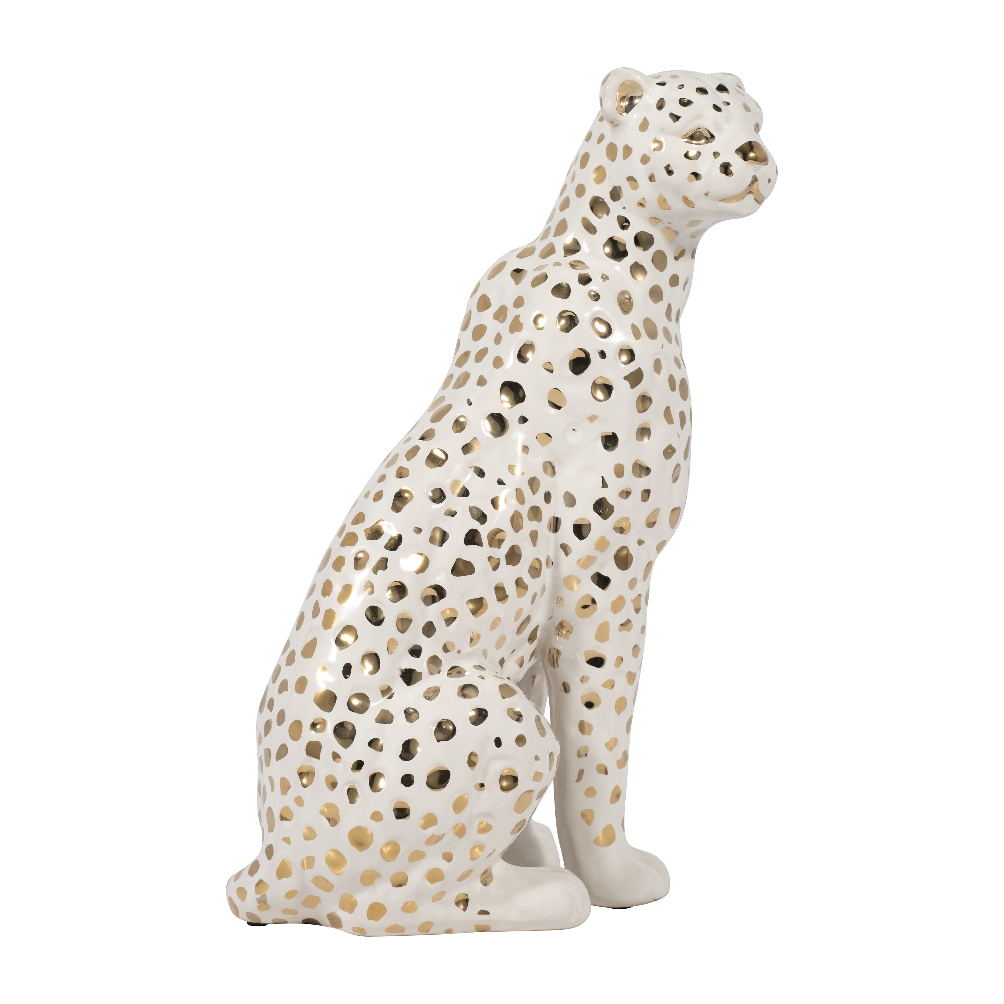 Sagebrook Home 11 Sitting Leopard Sculpture Contemporary Glam Ceramic White and Gold Decorative Animal Figurine - 7 x 4 x 11