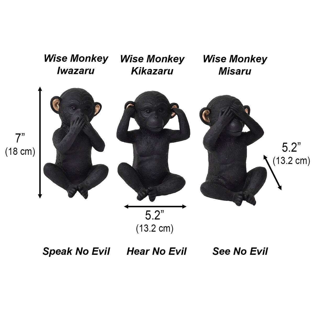 3 Wise Monkeys Speak Hear See No Evil Resin Black Gold Set of 3