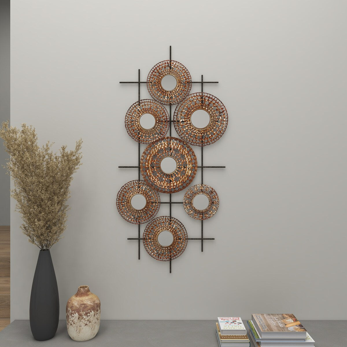 Metal Plate Home Wall Decor with Round Mirrored Accents - Brown - Roche River Decor