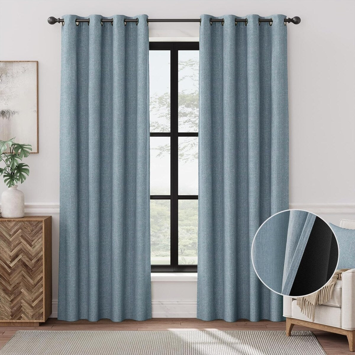 90% Blackout Faux Linen Curtains Thermal Insulated Room Darkening Curtains, 2 Panels Set, Grommet Top Window Treatments