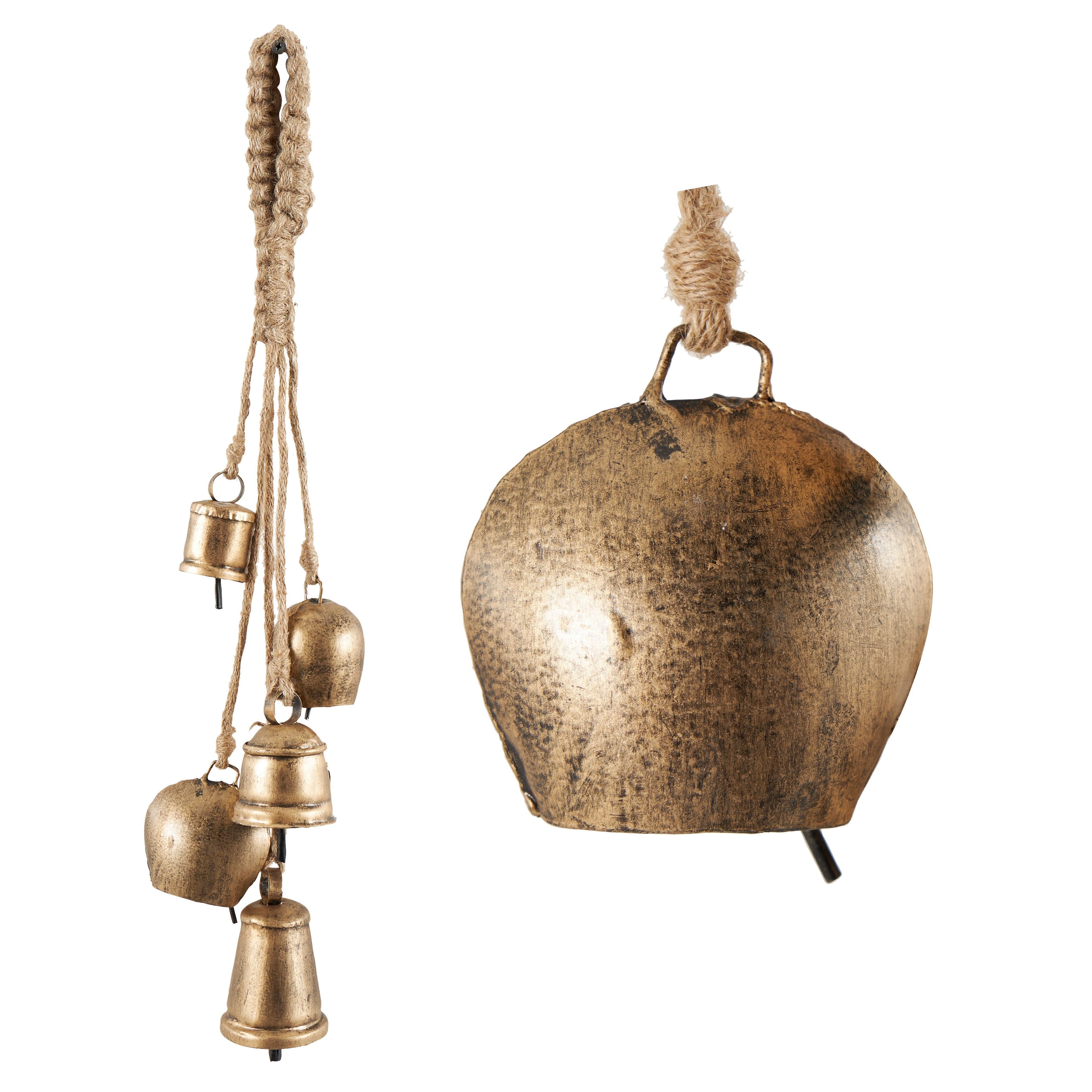 Metal Tibetan Inspired Decorative Cow Bells with 5 Bells on Jute Hanging Rope - Gold or White - Roche River Decor