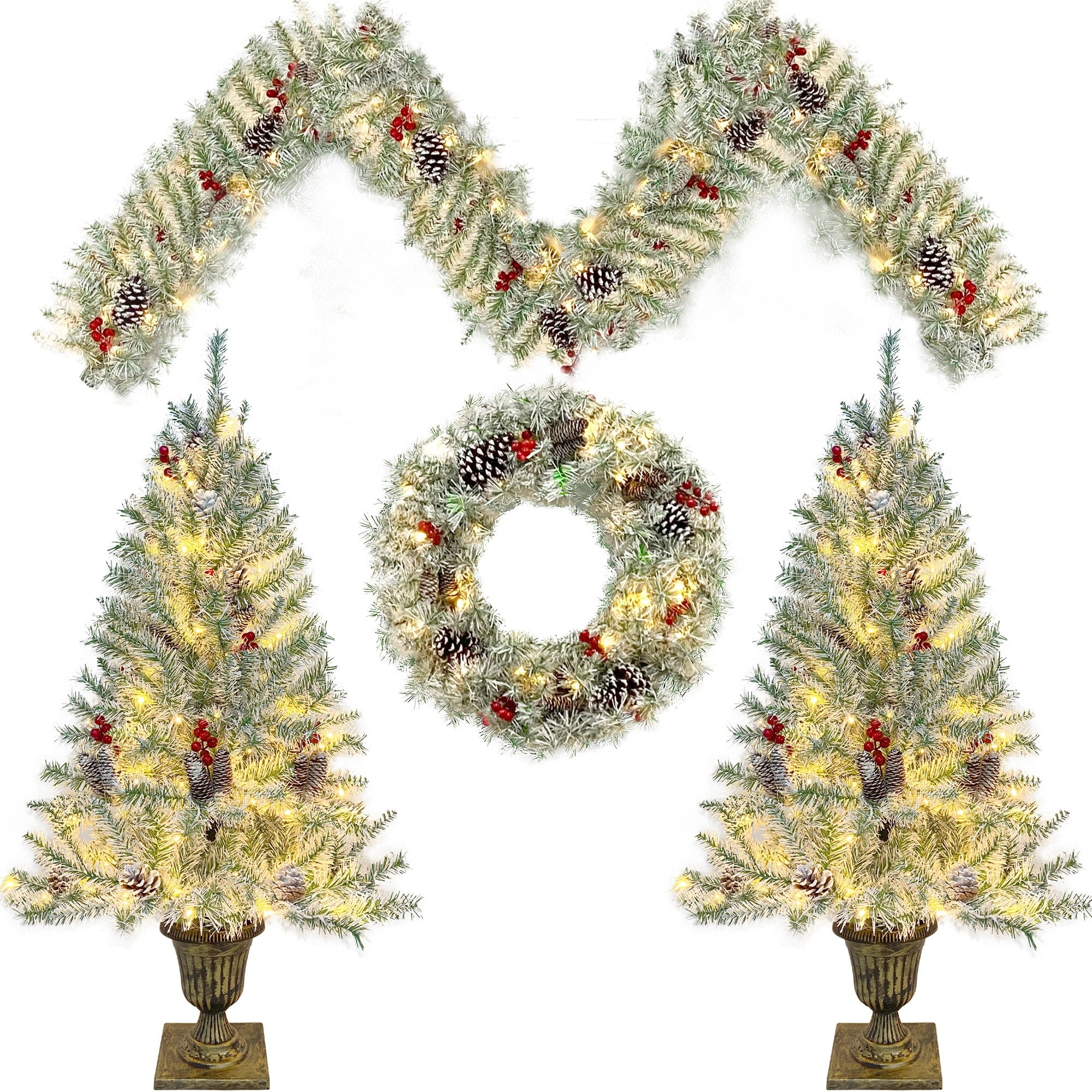 Artificial Christmas 4-Piece Set,Garland, Wreath and Set of 2 Entrance Trees X-mas with LED Lights, Christmas Tree