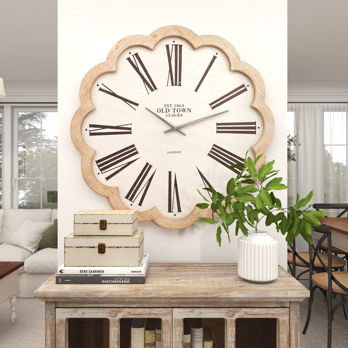 Wood Floral Shaped Decorative Wall Clock with Brown Scalloped Frame - White - Roche River Decor