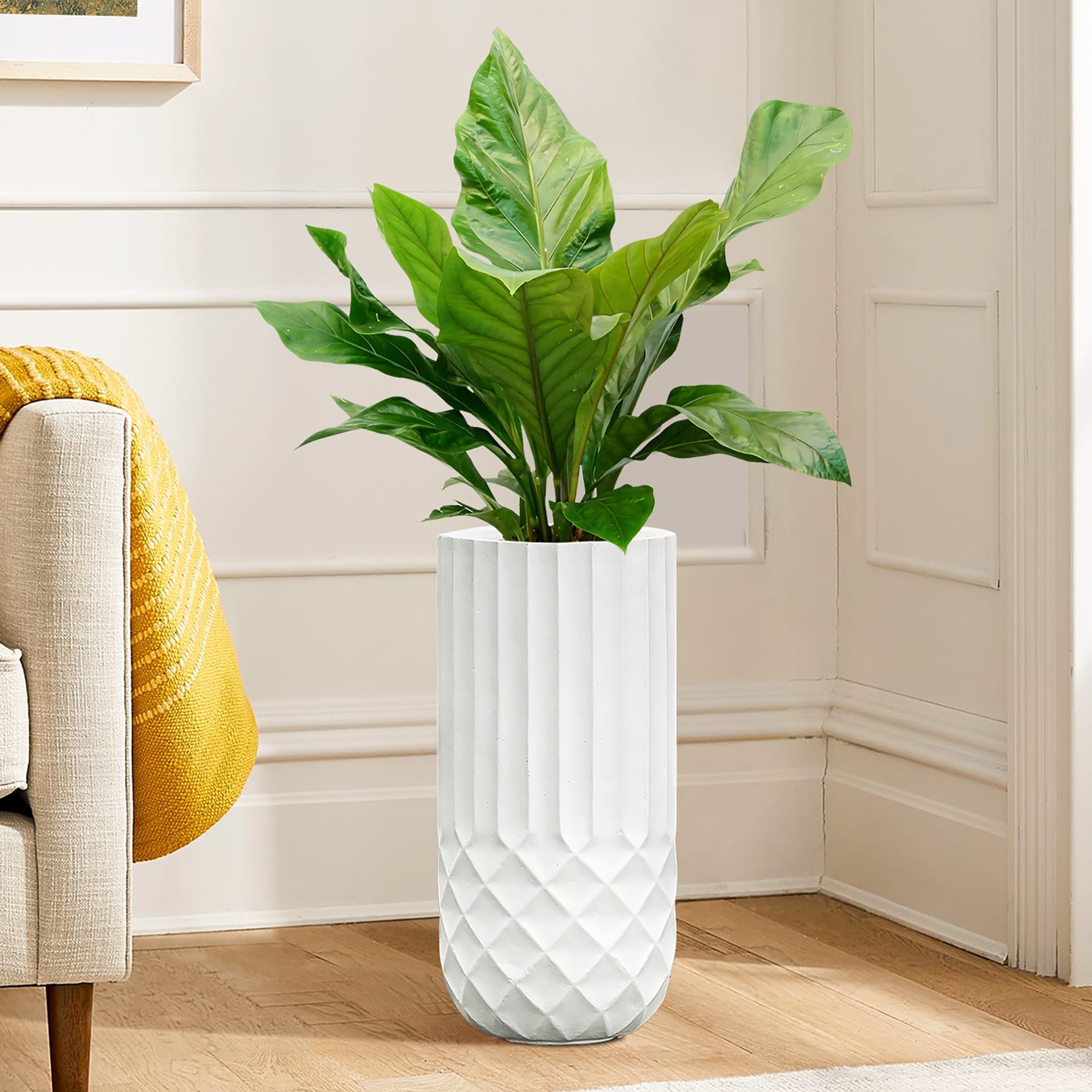 Handmade White Geometric Pattern Fiber Stone Round Tall Pot Planters