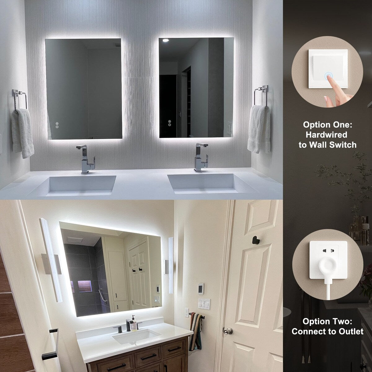 KIOTEE LED Bathroom Mirror Rectangular Frameless Super Bright Backlited LED Anti-Fog Tempered Glass Wall Bathroom Vanity Mirror