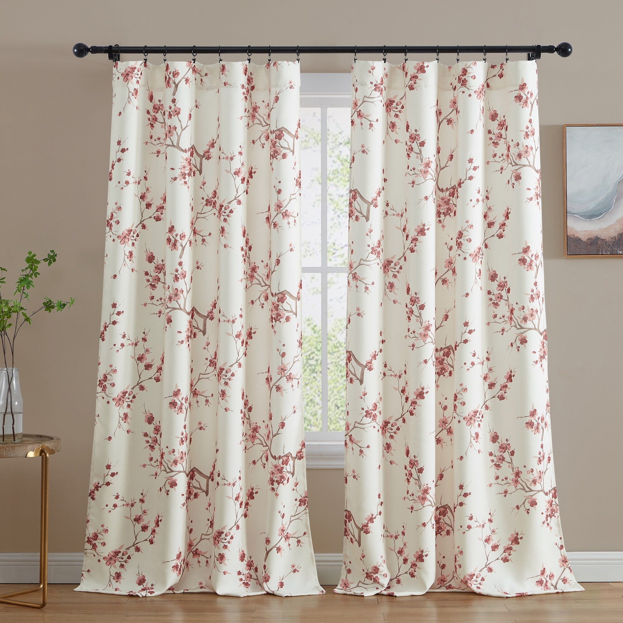 HLC.me Jasmine Floral Light Blocking Curtain Rod Pocket Pole Top Panels - Set of 2