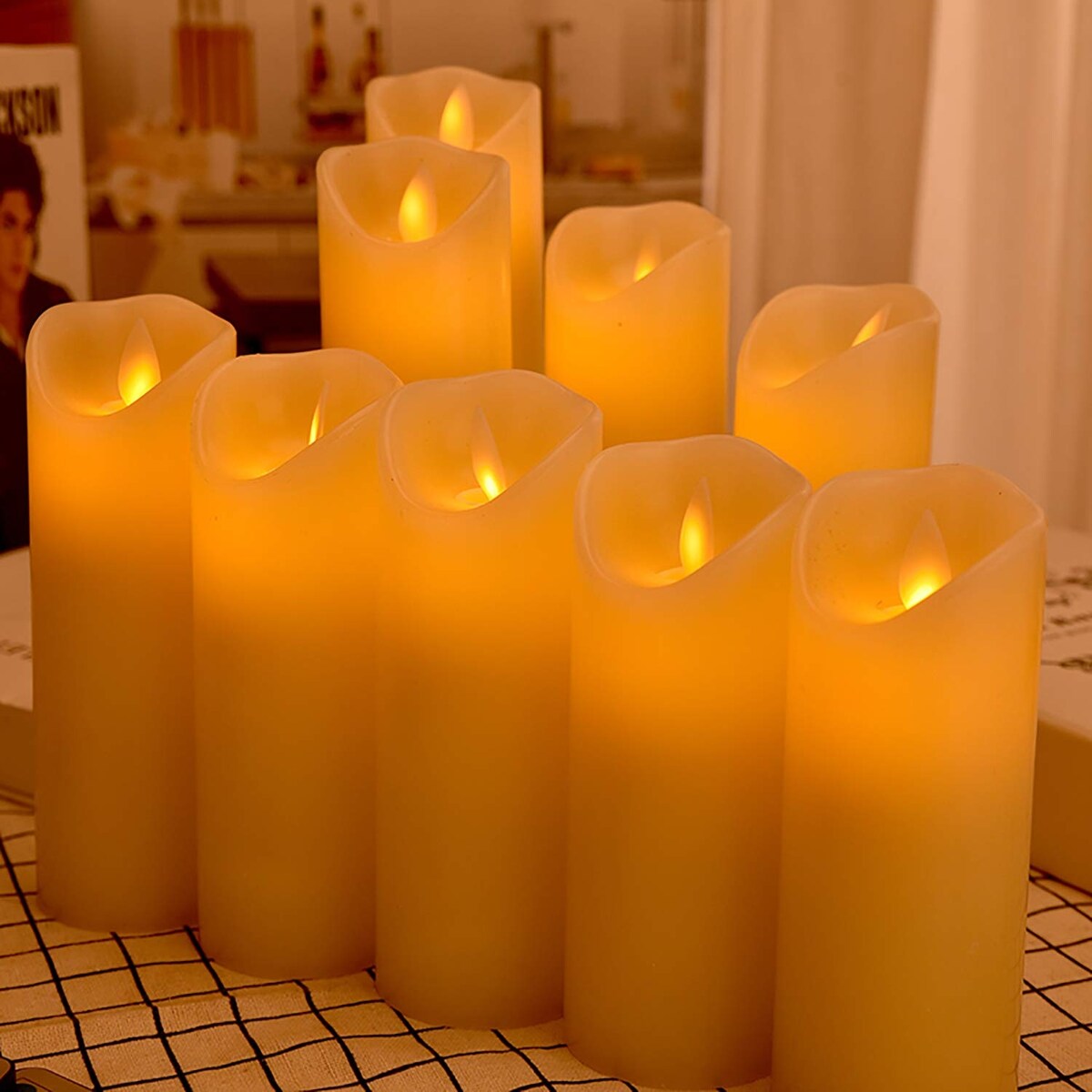 9-Piece Ivory LED Flameless Pillar Candle Set with Remote & 24h Timer