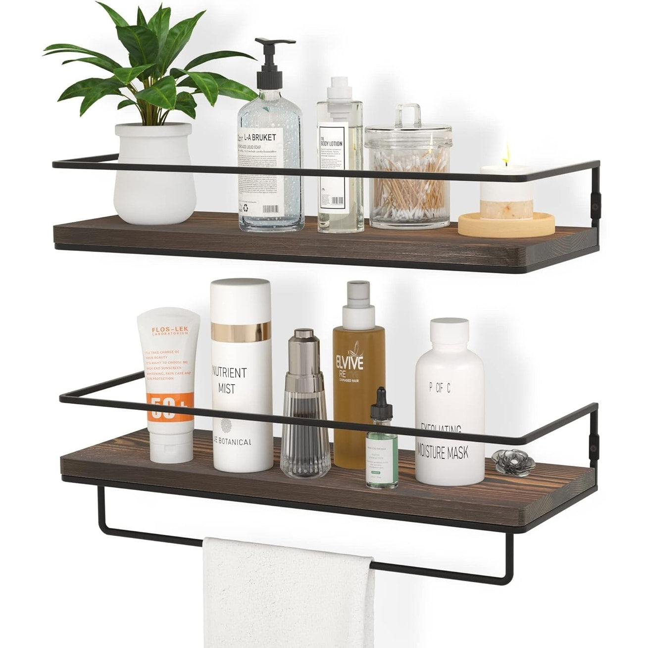 Wall Mounted Floating Shelves with Metal Frame and Towel Rack, Set of 2