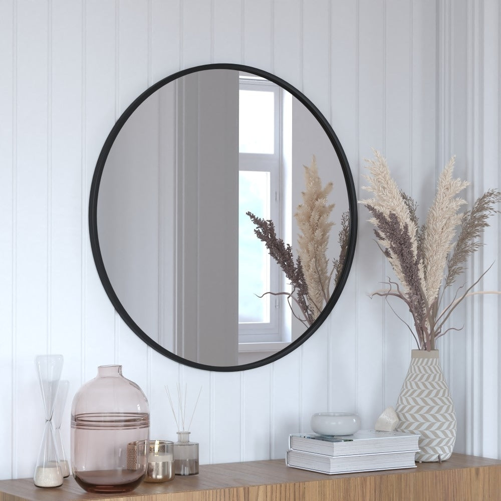 Wall Mount Shatterproof Round Accent Wall Mirror with Metal Frame