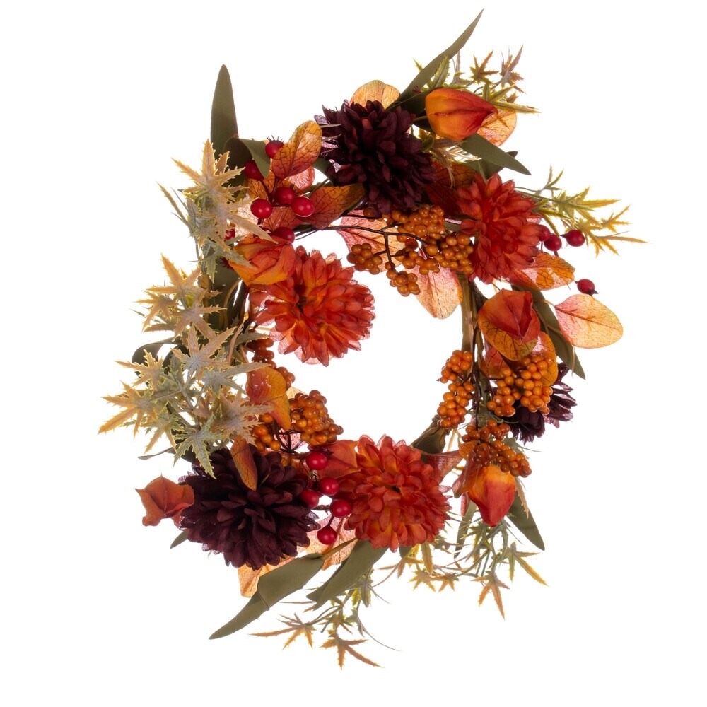 Vickerman 14 Orange and Burgundy Artificial Mixed Mum, Chinese Lantern, and Berry Wreath Candle Ring.