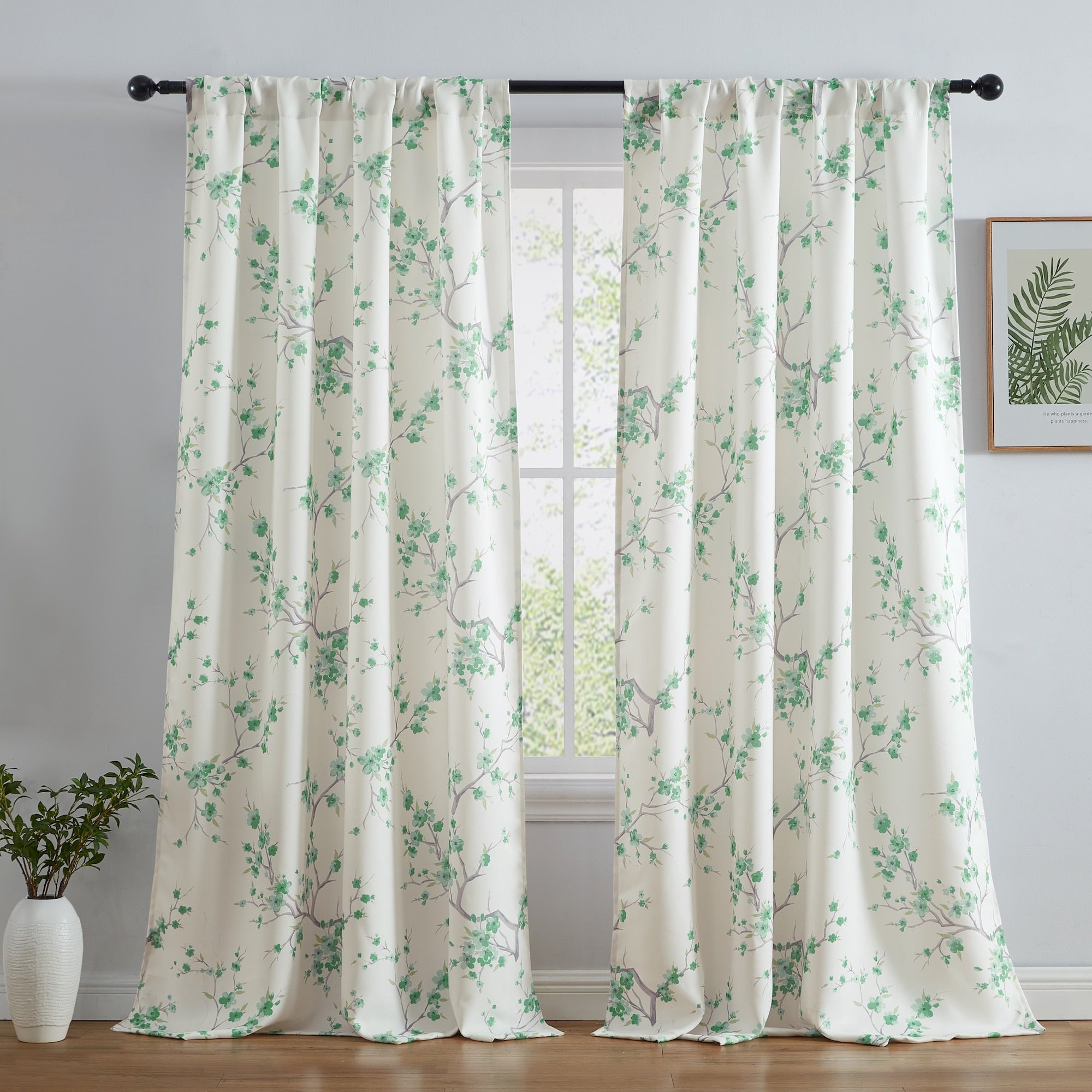 HLC.me Jasmine Floral Light Blocking Curtain Rod Pocket Pole Top Panels - Set of 2