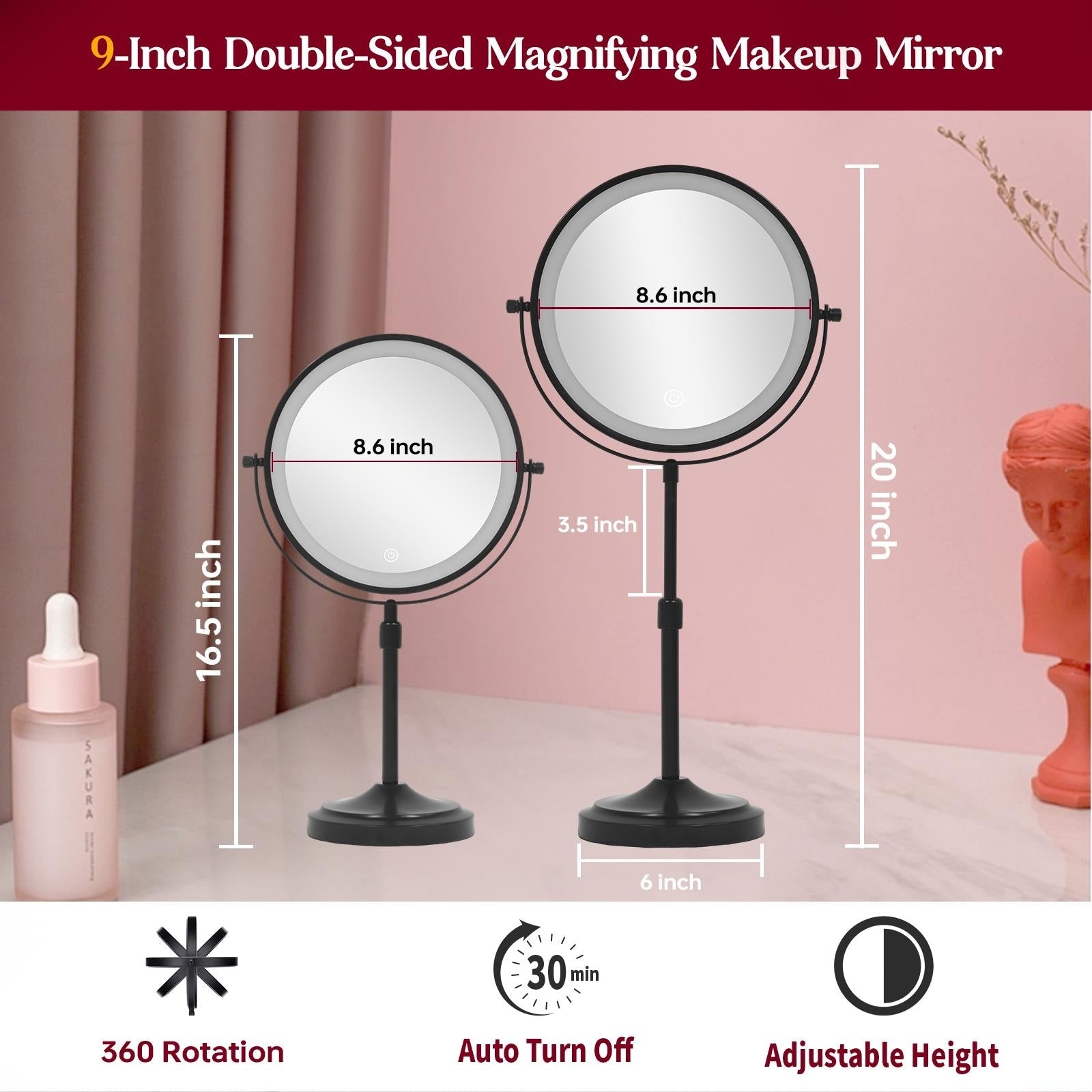 9 LED Lighted Makeup Mirror,Double Sided Magnification Mirror with 1X/10x Magnification,3 Lighting Color