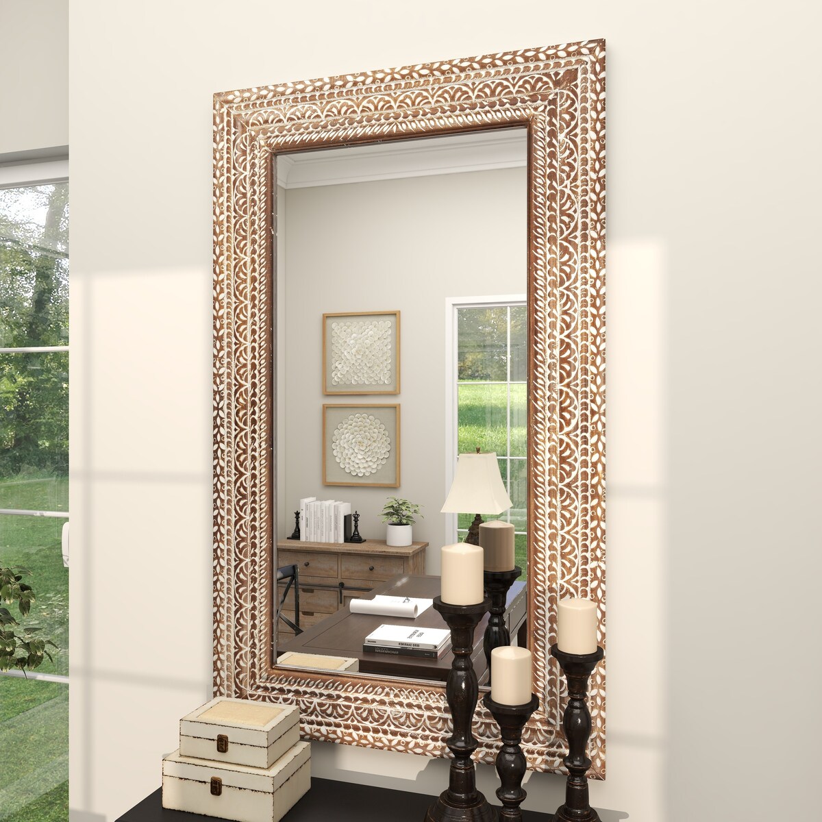 Wood Floral Room Wall Mirror with Detailed Cream Carvings - Brown - Roche River Decor