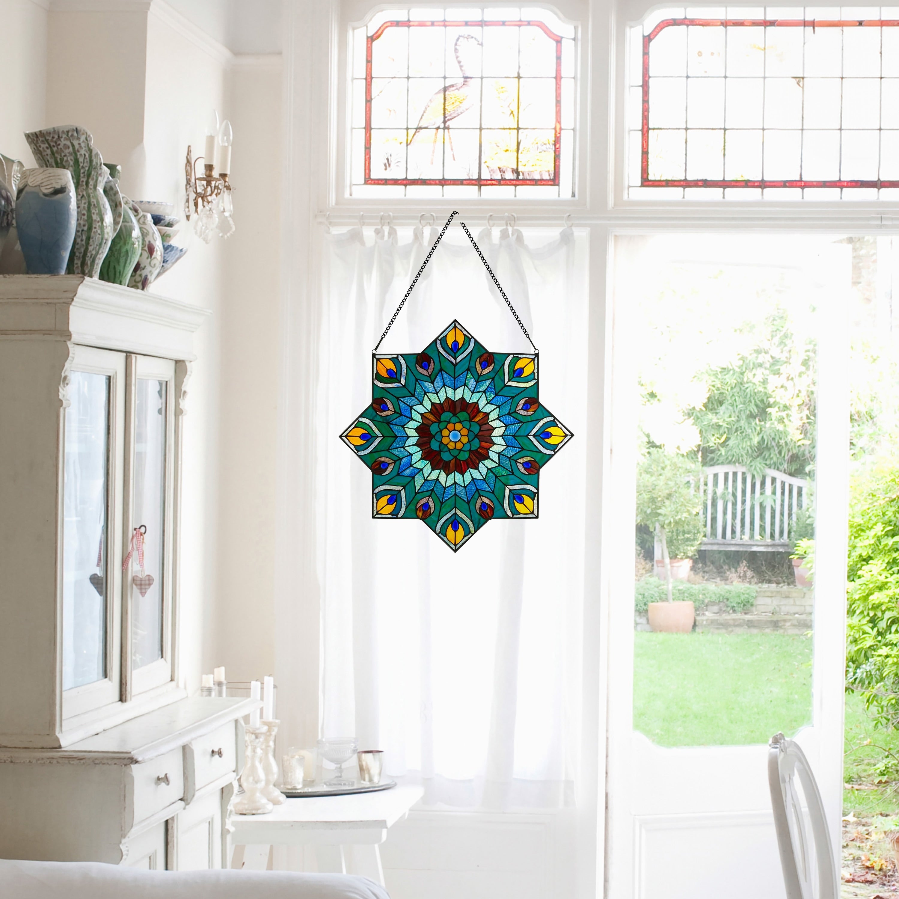 River of Goods 24-inch Tiffany-style Stained Glass Peacock Star Window Panel - 24L x 0.25W x 24H