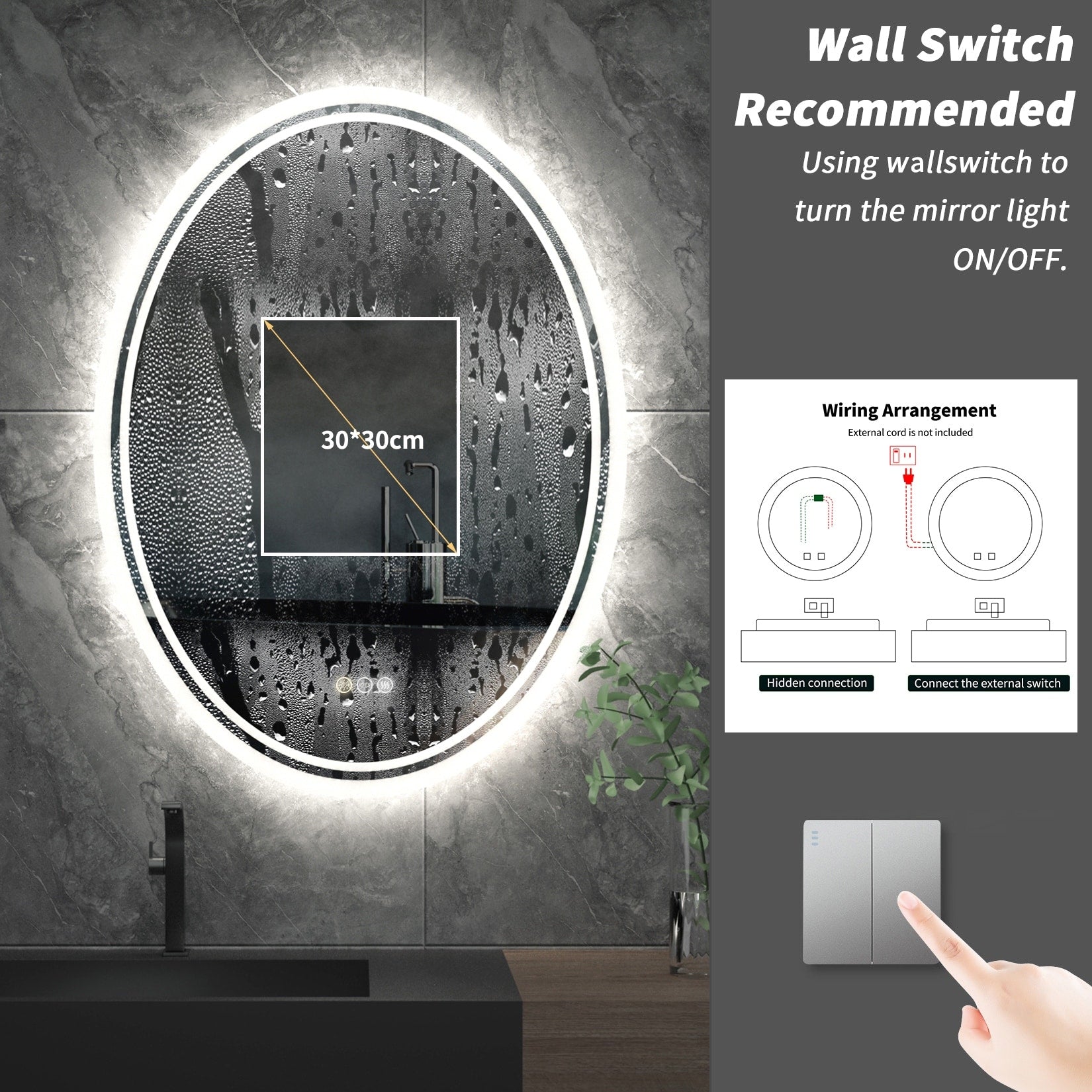 LED Backlit Bathroom Vanity Mirror Wall Mounted Anti-Fog Oval Touch