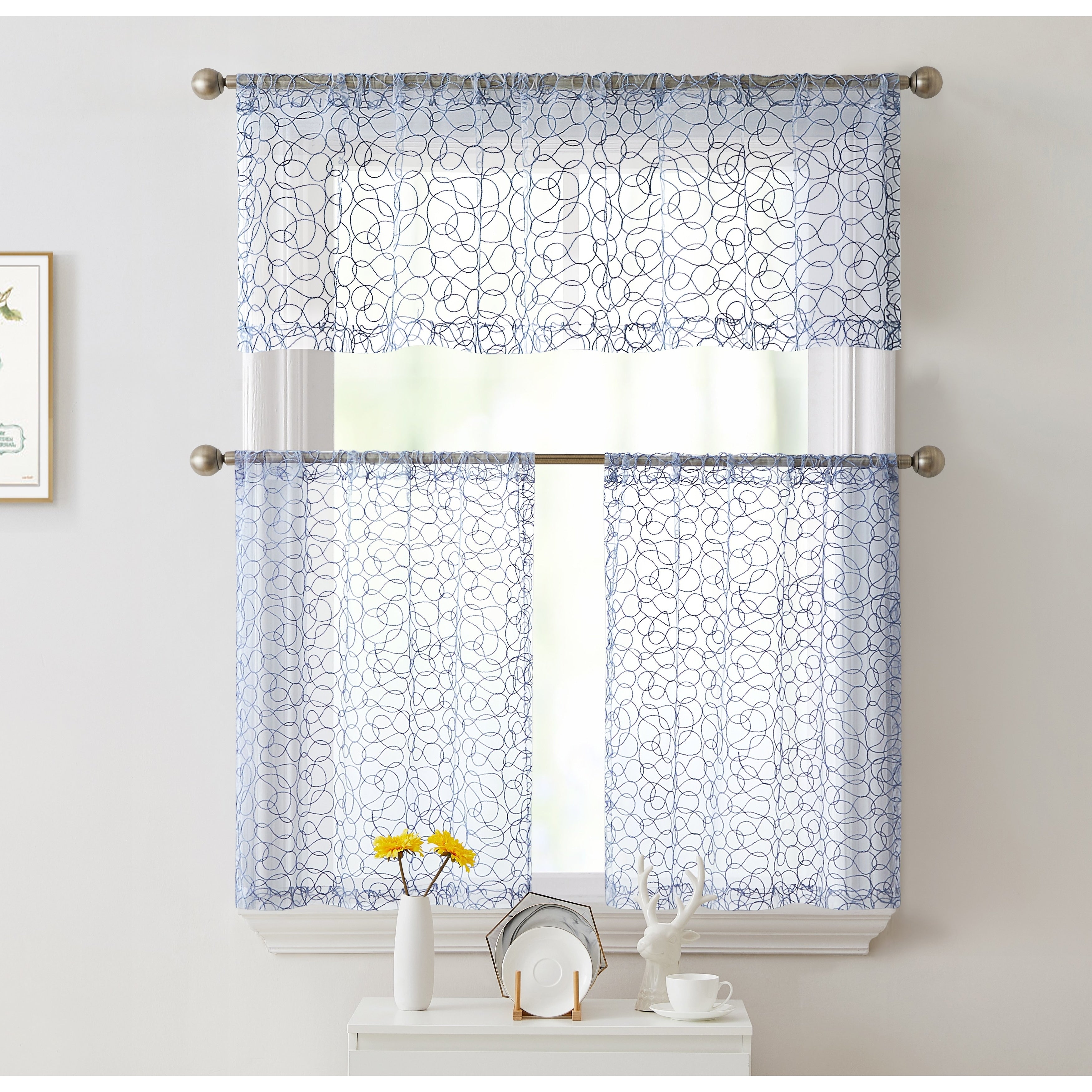 HLC.me Audrey Embroidered Sheer Voile Window Curtain Short Rod Pocket Tiers Valance Kitchen, Small Windows and Bathroom