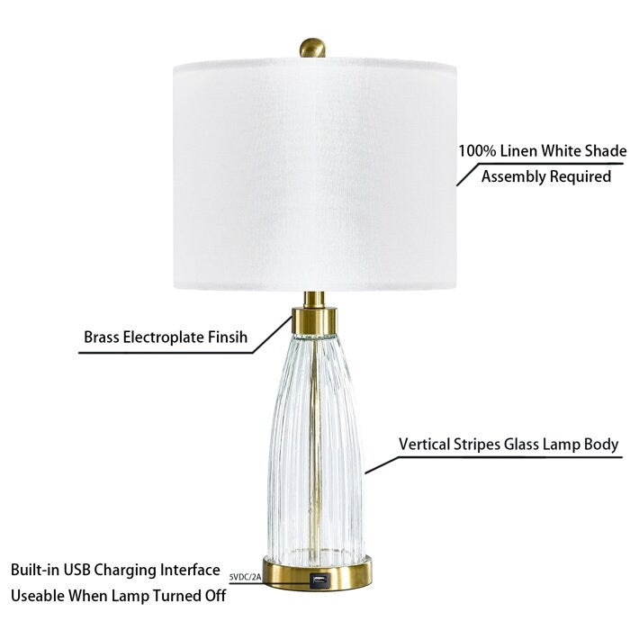 25'' Metal Glass USB Table Lamp Set