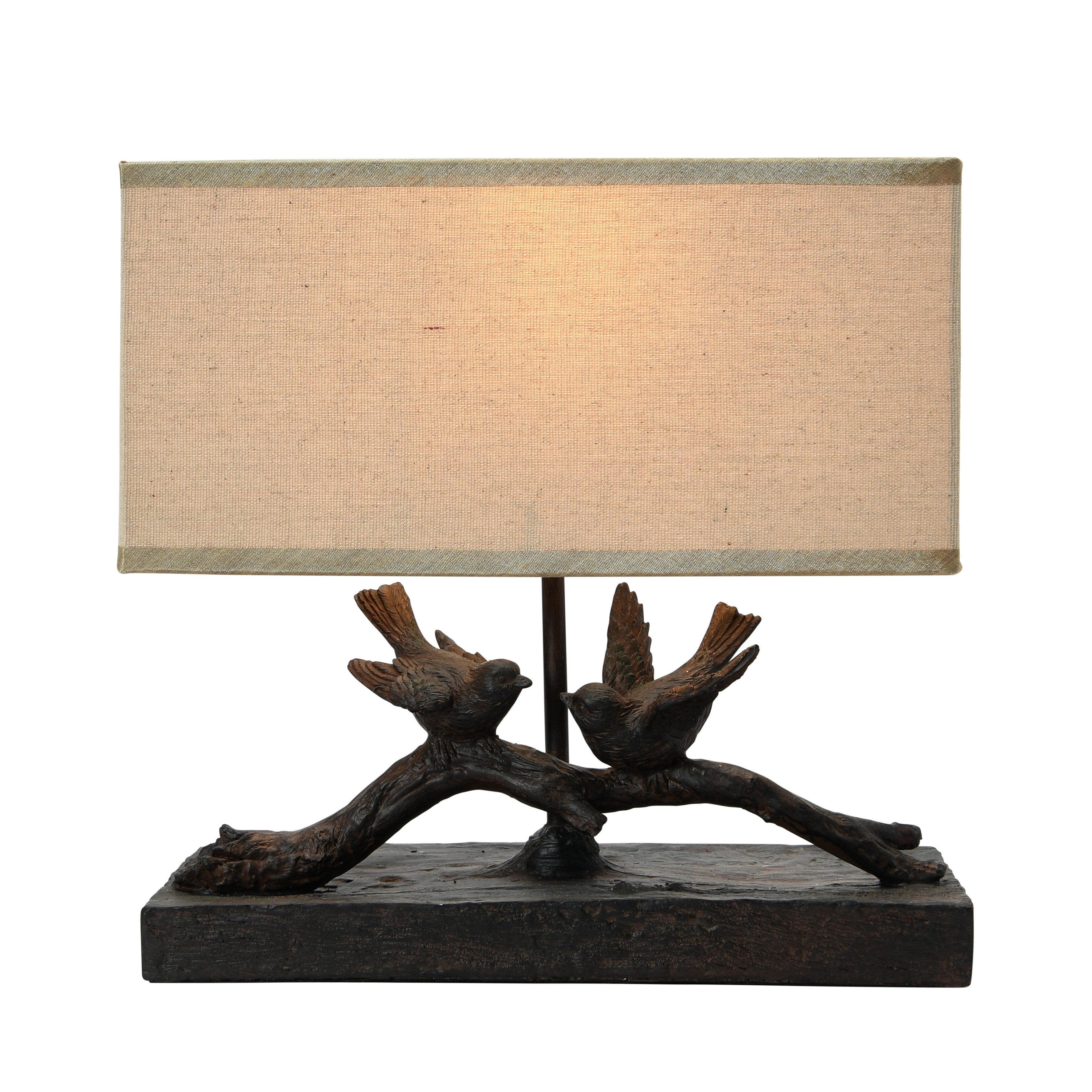 Rustic Birds-On-Branch Lamp with Rectangle Shade