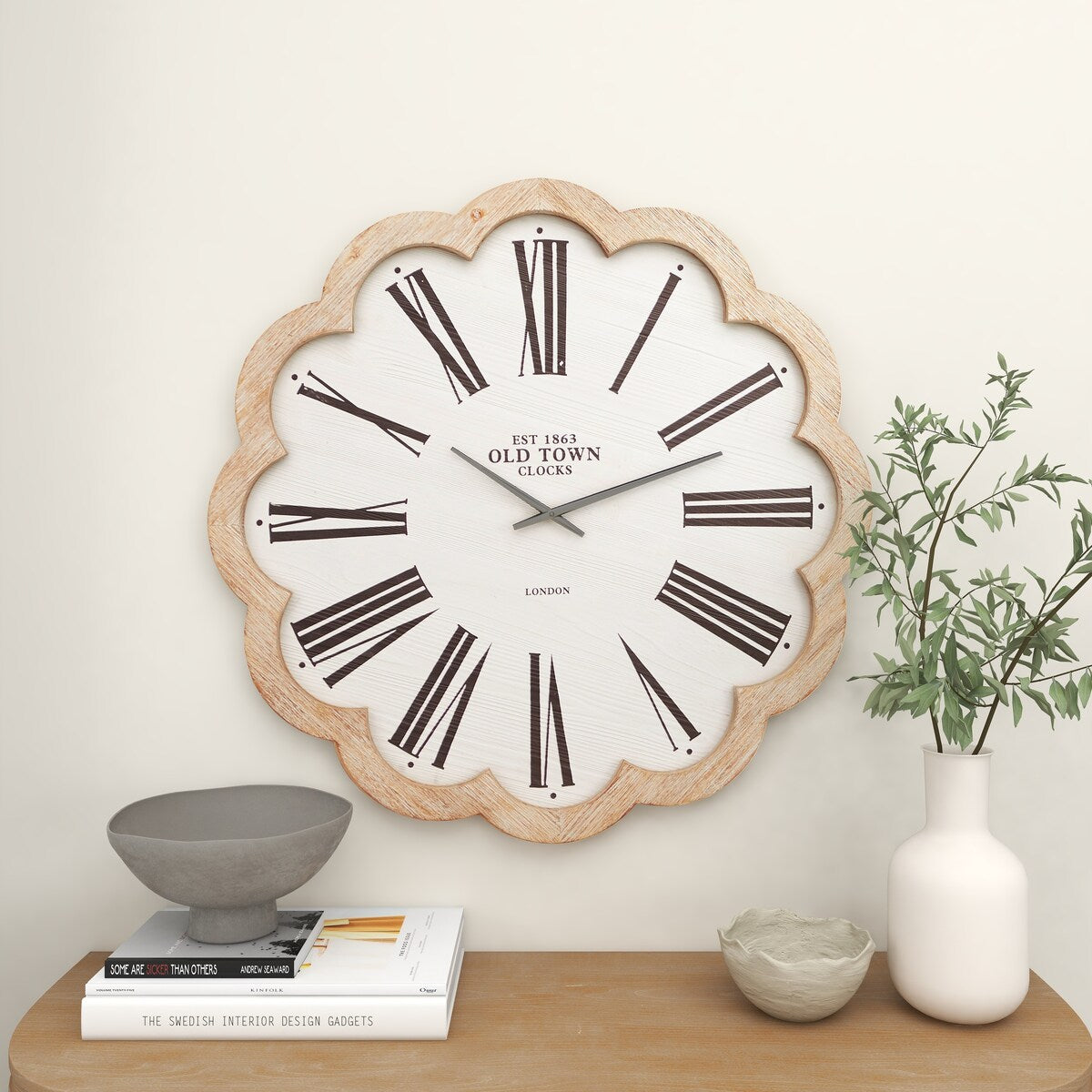 Wood Floral Shaped Decorative Wall Clock with Brown Scalloped Frame - White - Roche River Decor