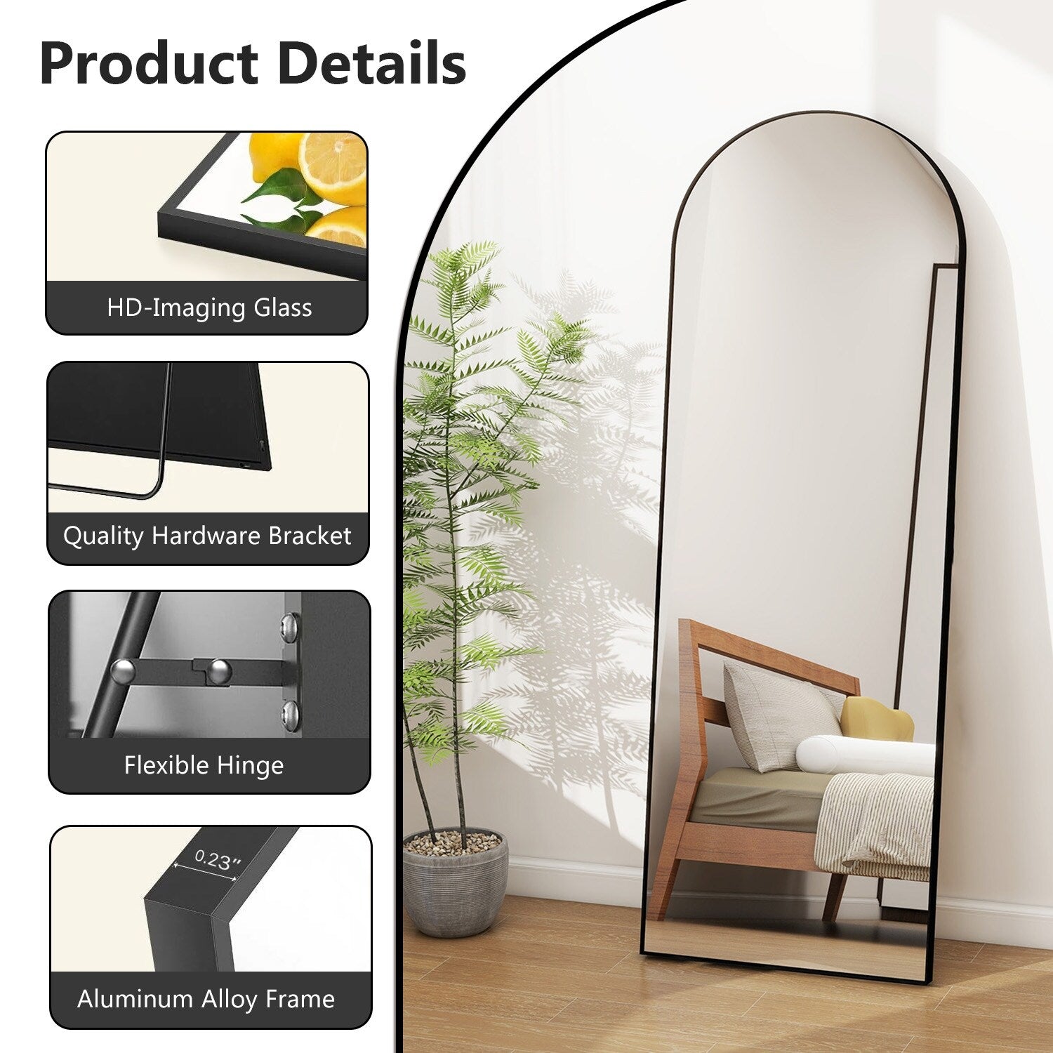 Full Length Arched Mirror with Shatter-Proof Glass & with Stand Aluminum Alloy Frame for Bedroom Cloakroom, Floor Standing