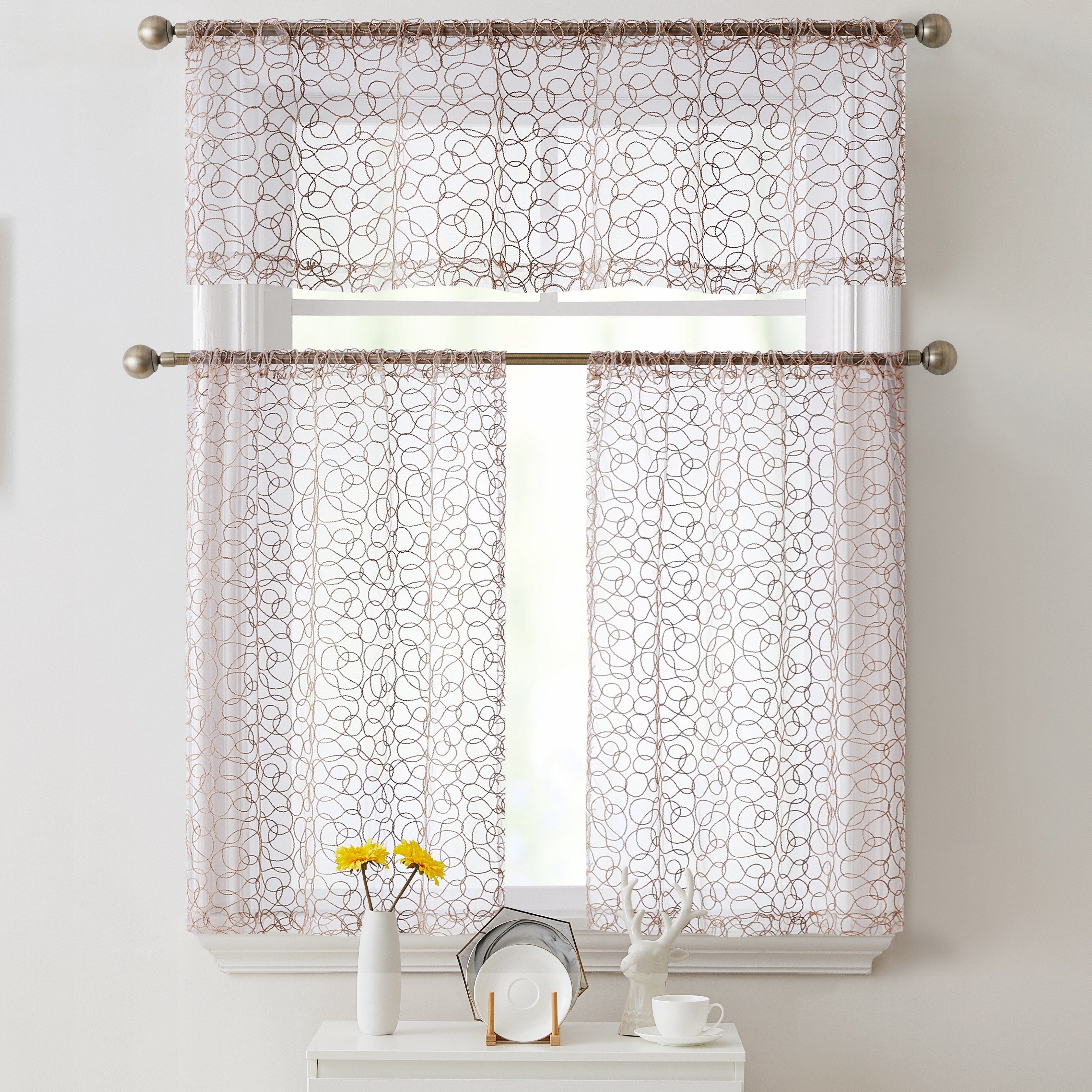 HLC.me Audrey Embroidered Sheer Voile Window Curtain Short Rod Pocket Tiers Valance Kitchen, Small Windows and Bathroom