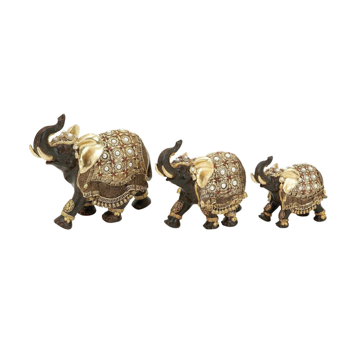 Polystone Elephant Handmade Decorative Sculpture with Ornate Dresswear and Pearl Accents - Set of 3 Gold - Roche River Decor