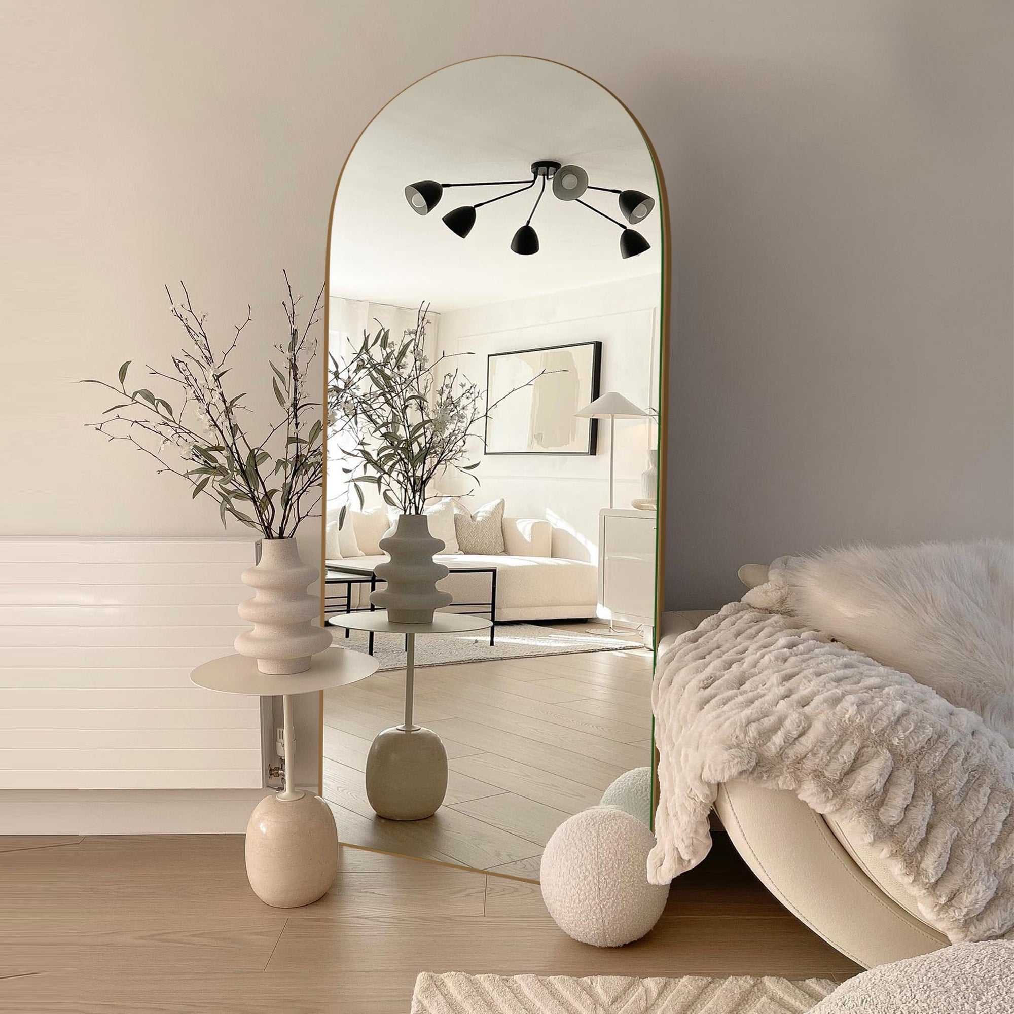 Classic Wood Arched Full Length Mirror with Stand, Floor Mirror