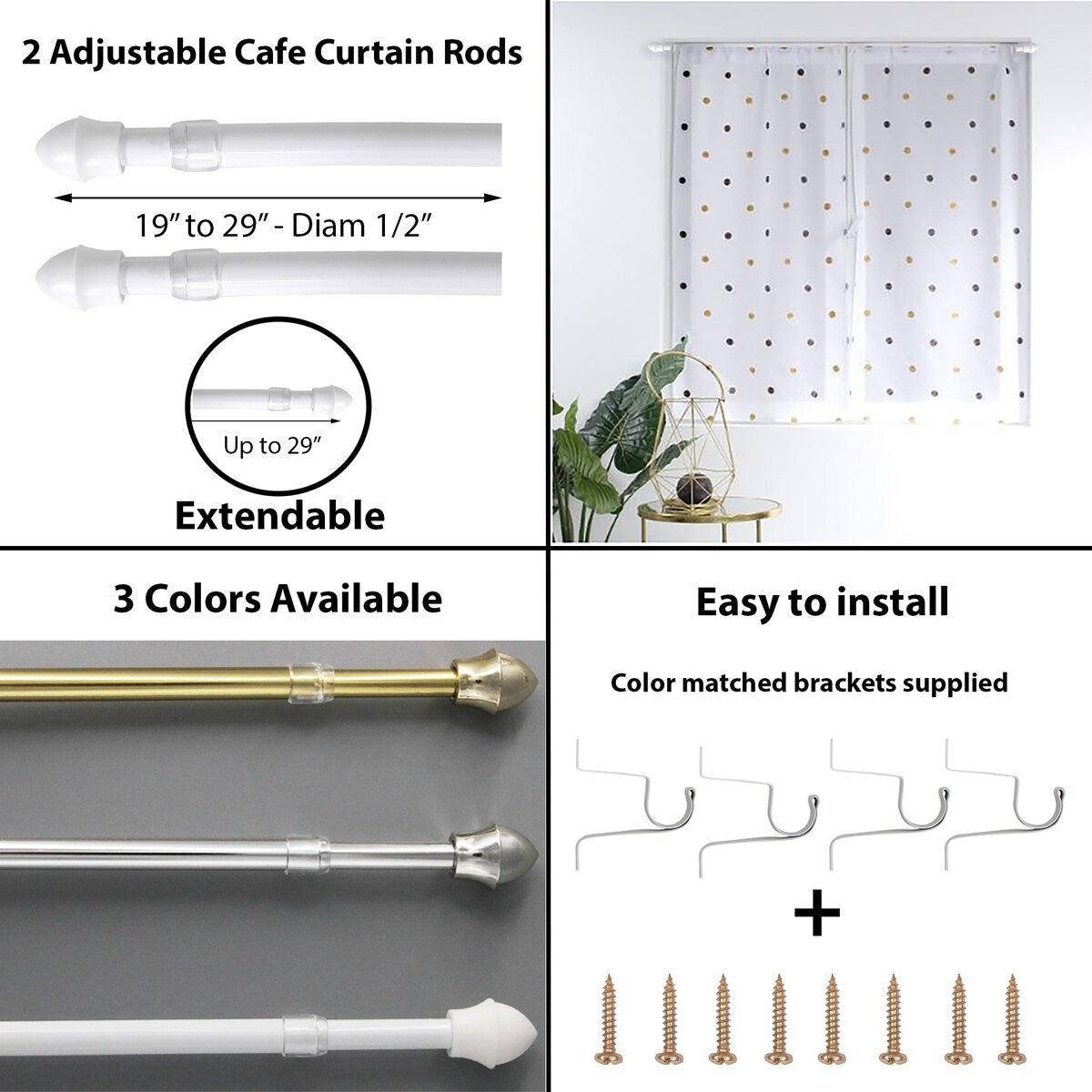 Set of 2 Cafe Curtain Rods Adjustable - Diam 1/2