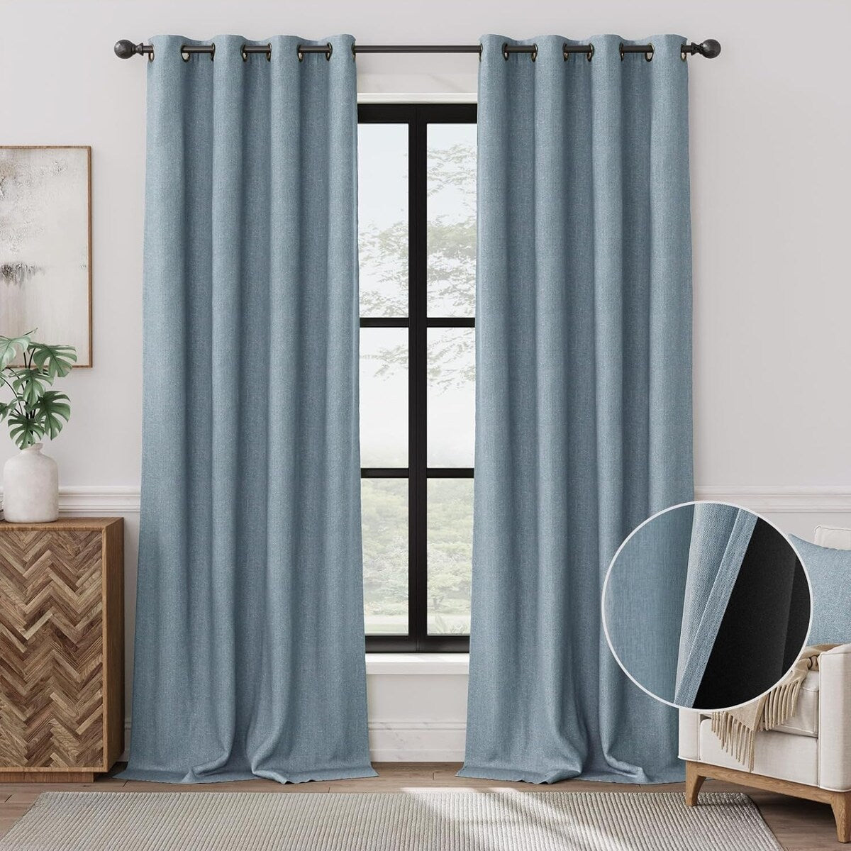 90% Blackout Faux Linen Curtains Thermal Insulated Room Darkening Curtains, 2 Panels Set, Grommet Top Window Treatments