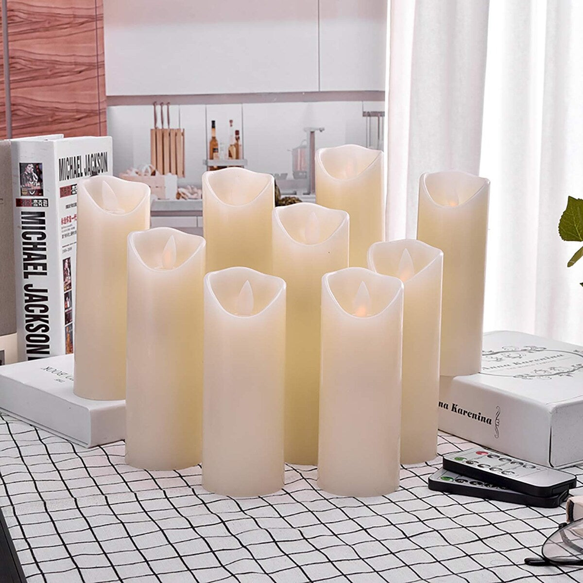 9-Piece Ivory LED Flameless Pillar Candle Set with Remote & 24h Timer