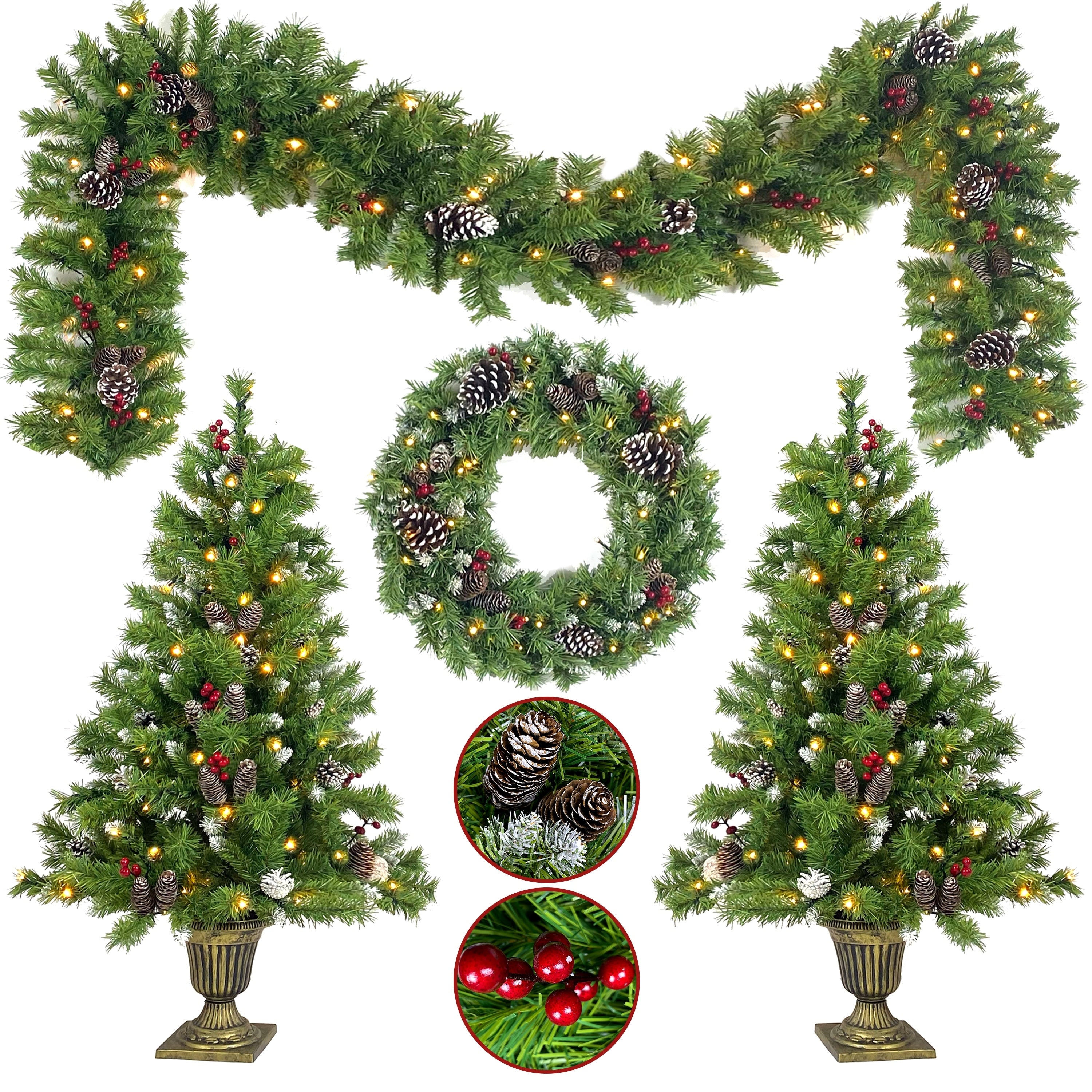 Artificial Christmas 4-Piece Set,Garland, Wreath and Set of 2 Entrance Trees X-mas with LED Lights, Christmas Tree