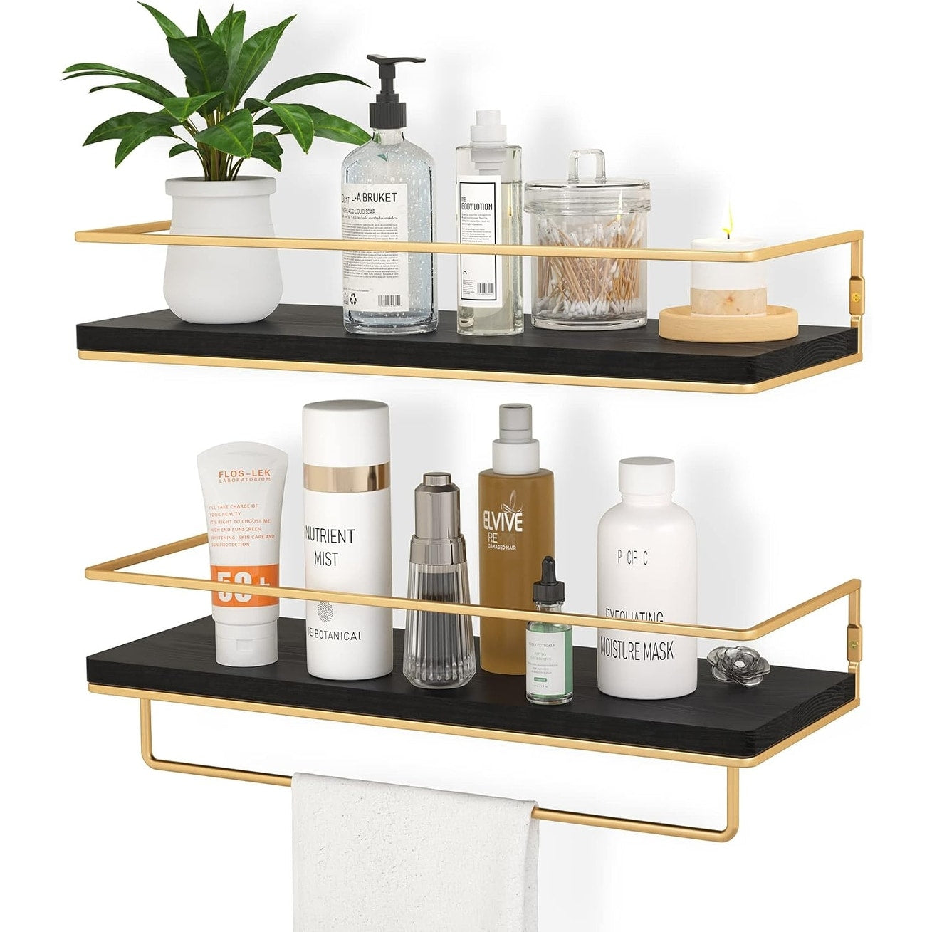 Wall Mounted Floating Shelves with Metal Frame and Towel Rack, Set of 2