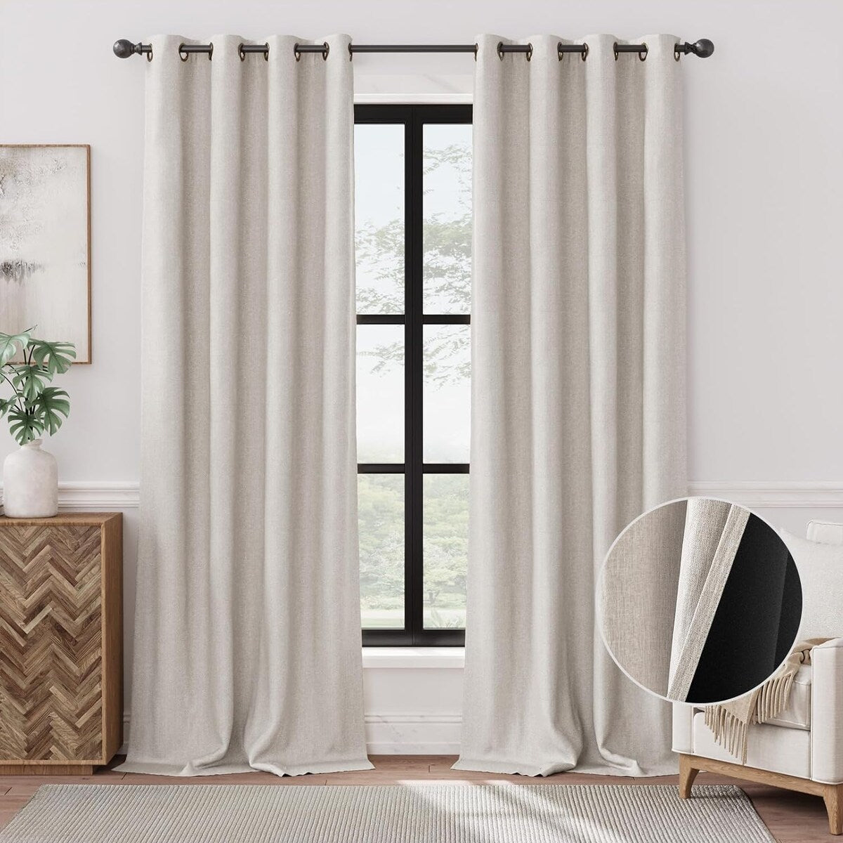 90% Blackout Faux Linen Curtains Thermal Insulated Room Darkening Curtains, 2 Panels Set, Grommet Top Window Treatments