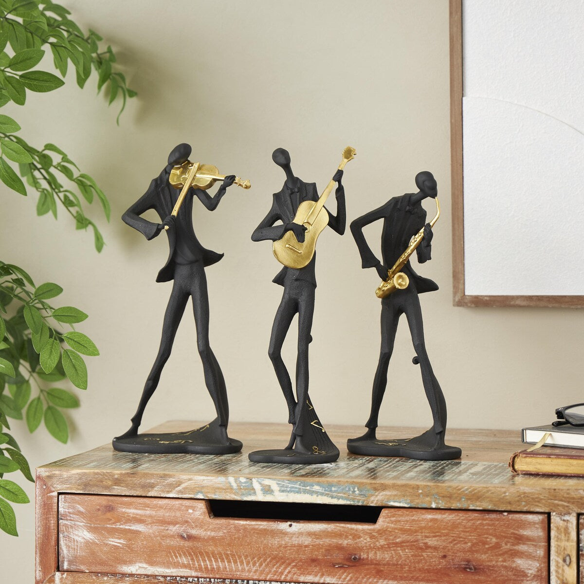 Polystone Musician Abstract Decorative Sculpture with Gold Instruments and Music Notes - Set of 3 Black - Roche River Decor