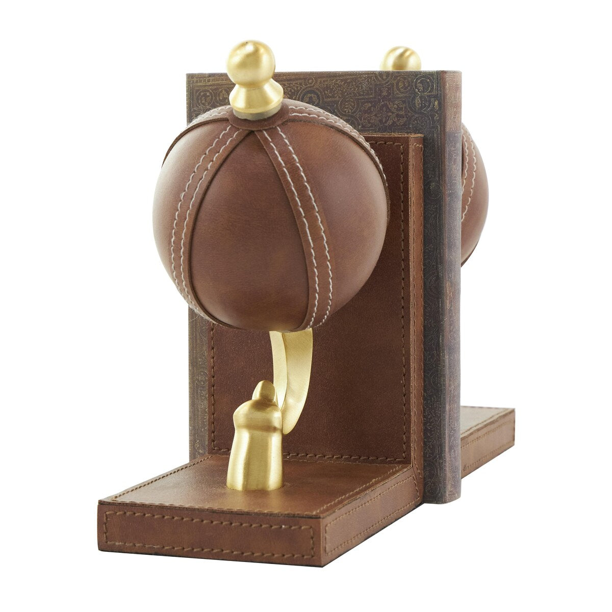 Leather Globe Handmade Stitched Decorative Bookends with Brown Wood Base - Set of 2 Brown - Roche River Decor