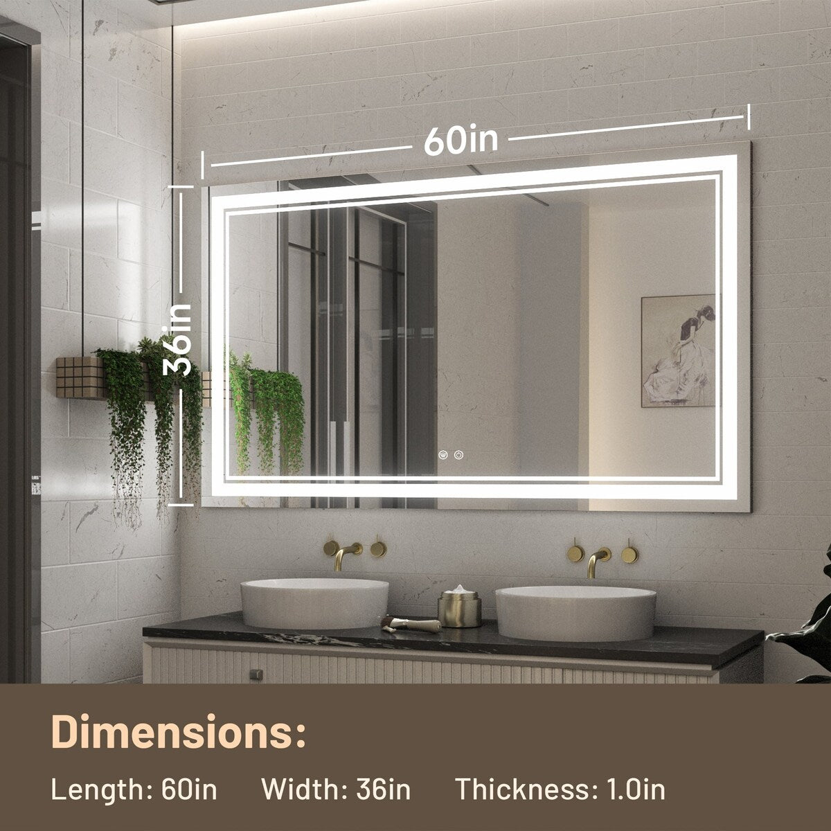 Keonjinn Smart LED Frontlit & Backlit Bathroom Vanity Wall Mirror, 3 Colors, Acrylic Edge, Anti Fog, Radar Sensor, Dimmable