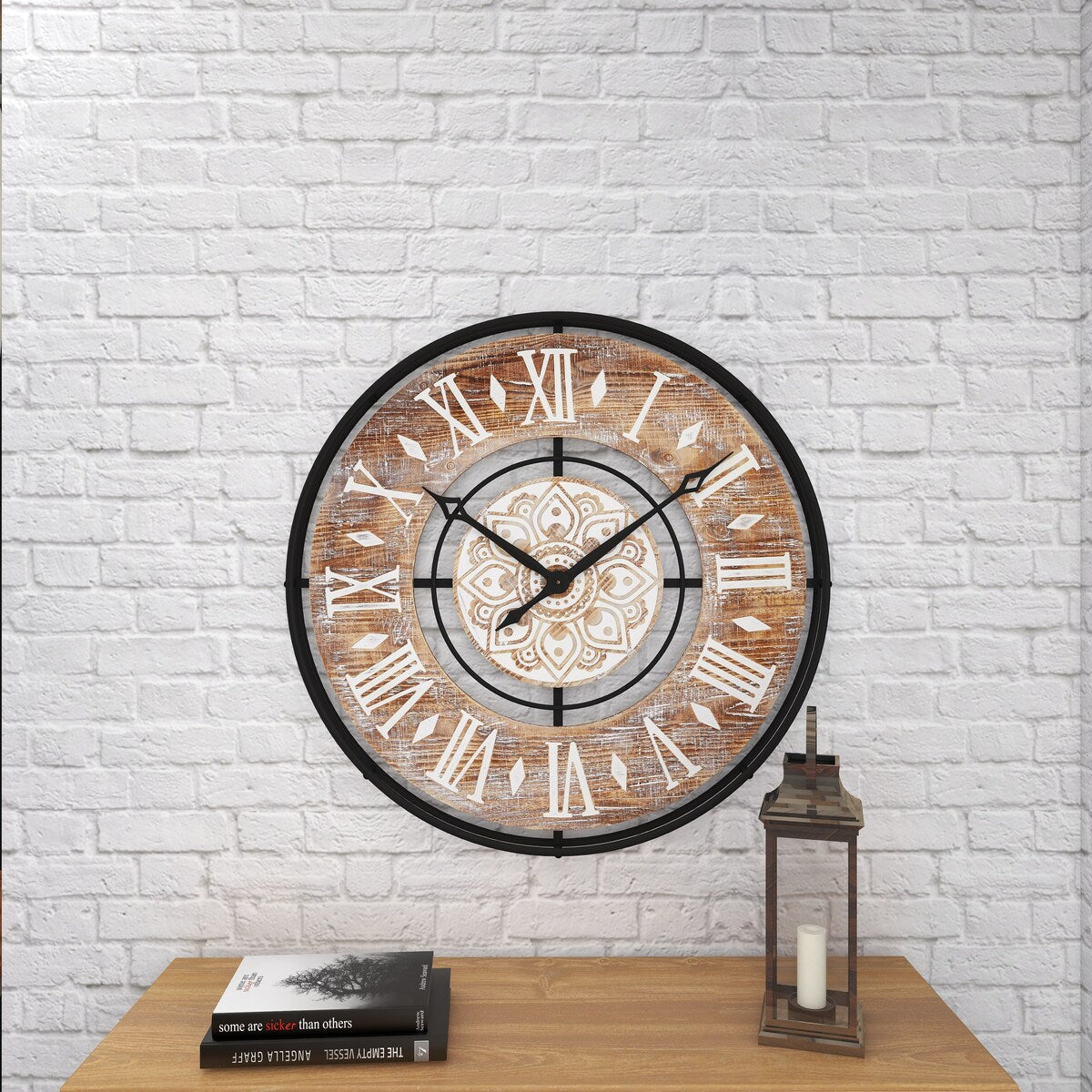 Metal Decorative Wall Clock with Wood Accents - Brown - Roche River Decor