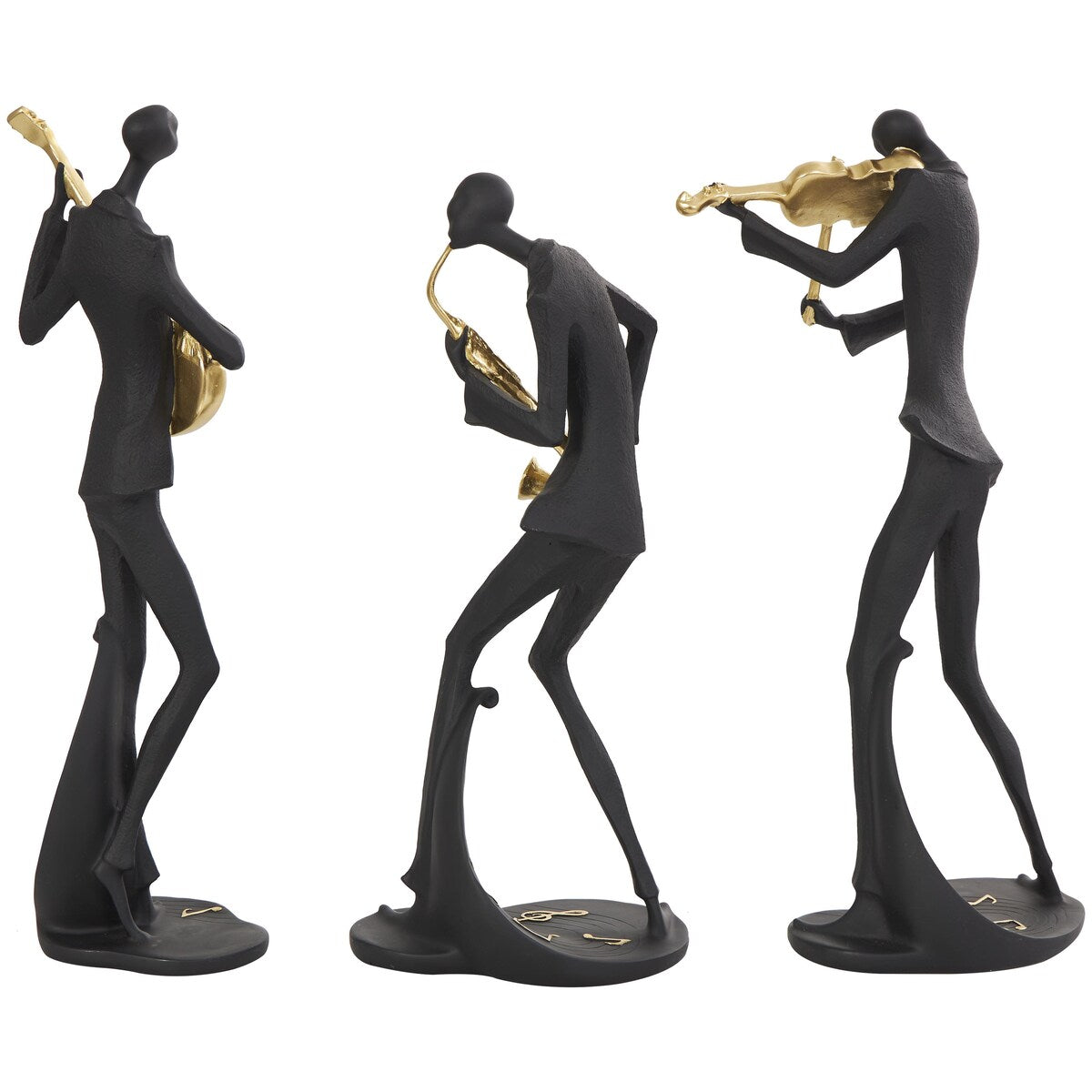 Polystone Musician Abstract Decorative Sculpture with Gold Instruments and Music Notes - Set of 3 Black - Roche River Decor