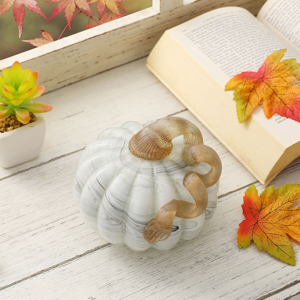 Glitzhome Fall Harvest Gray Marble Handblown Glass Pumpkins for Thanksgiving Decor