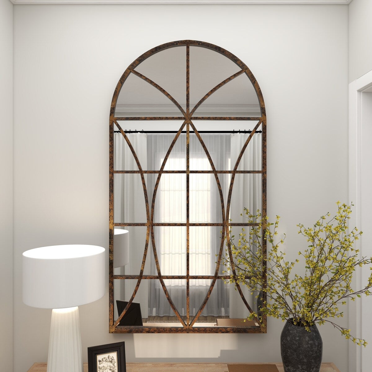 Metal Window Pane Inspired Room Wall Mirror with Arched Top - Brown - Roche River Decor