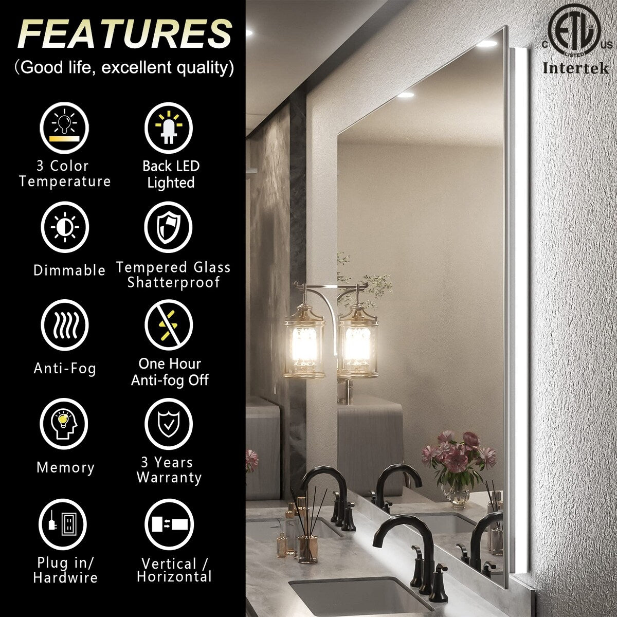 KIOTEE LED Bathroom Mirror Rectangular Frameless Super Bright Backlited LED Anti-Fog Tempered Glass Wall Bathroom Vanity Mirror