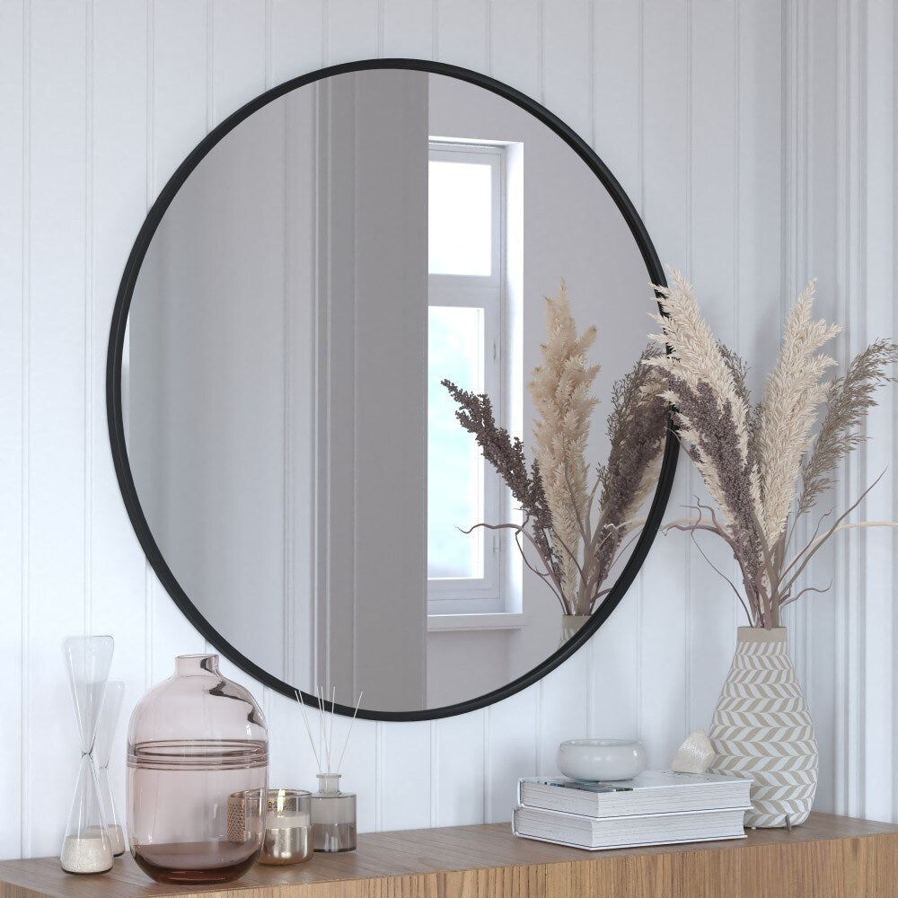 Wall Mount Shatterproof Round Accent Wall Mirror with Metal Frame