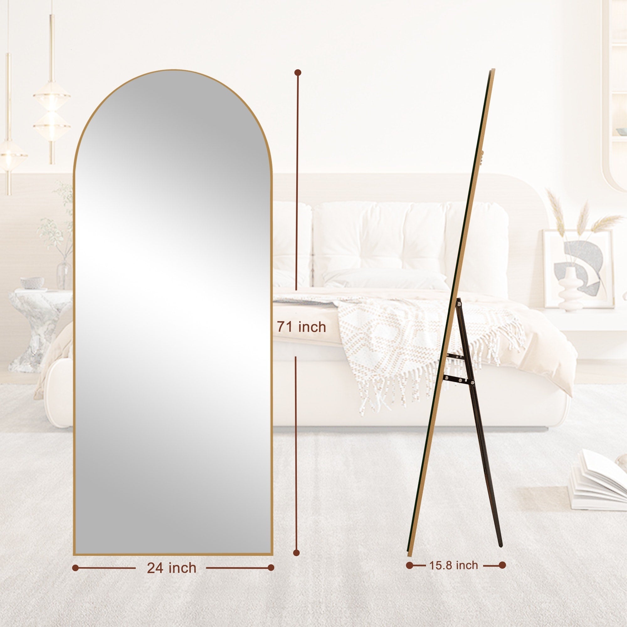 Classic Wood Arched Full Length Mirror with Stand, Floor Mirror