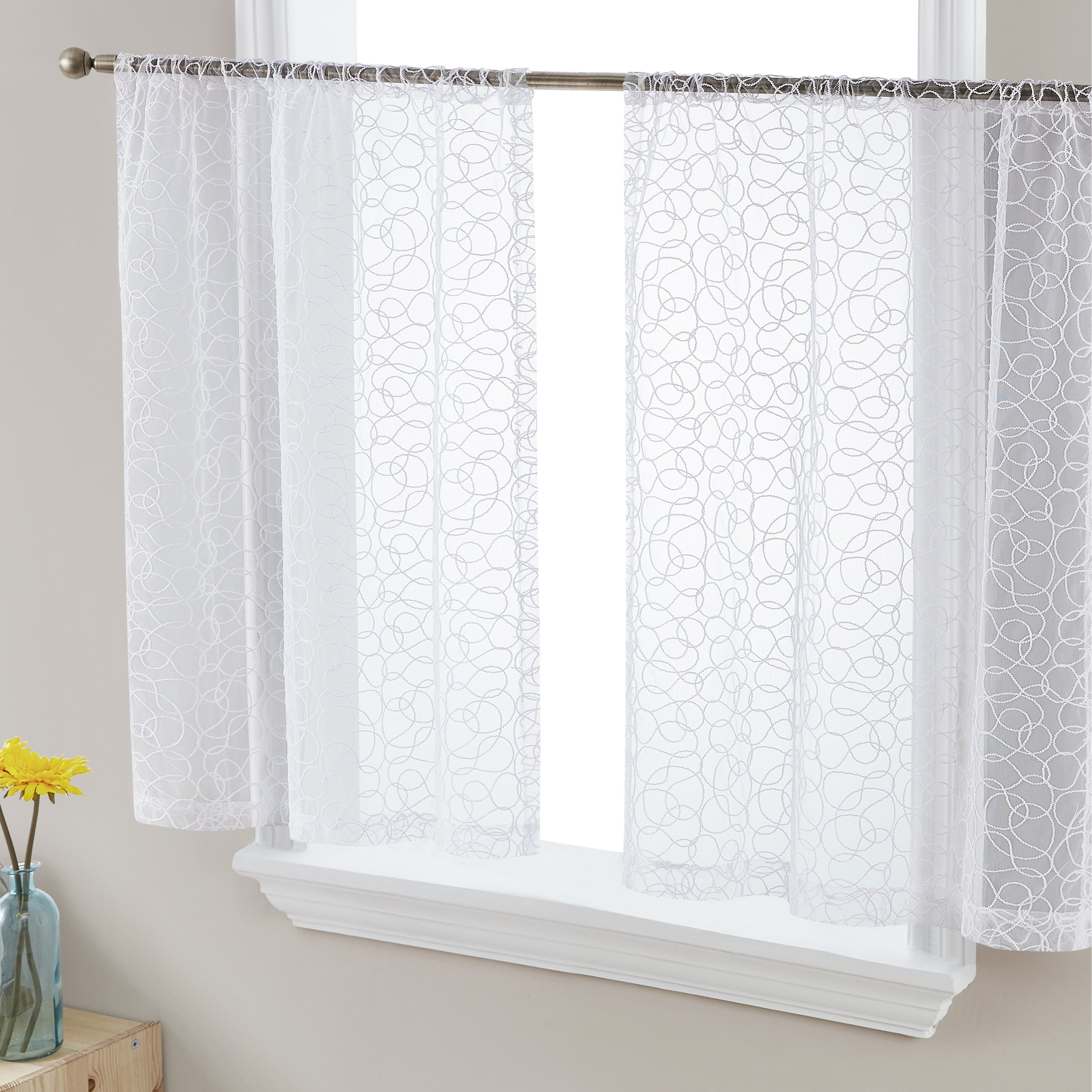 HLC.me Audrey Embroidered Sheer Voile Window Curtain Short Rod Pocket Tiers Valance Kitchen, Small Windows and Bathroom