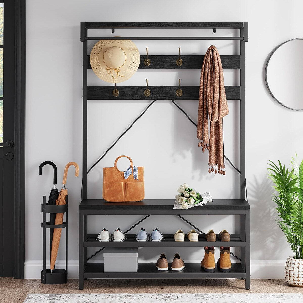 Industrial Entryway Coat Rack with Shoe Bench 3-in-1 Functional Hall Tree