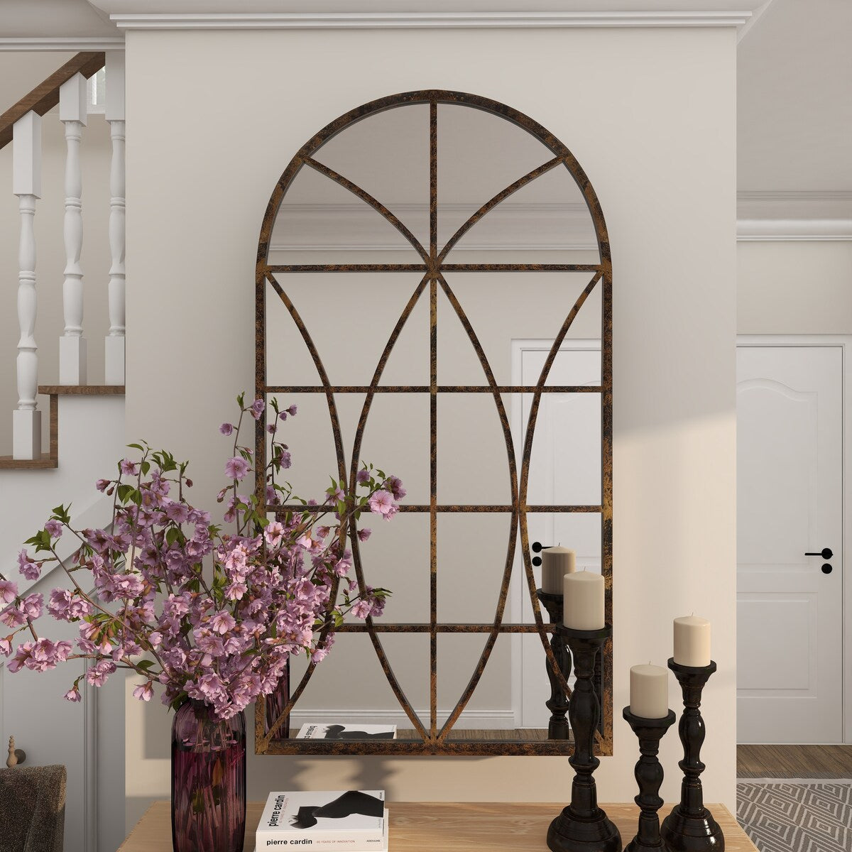 Metal Window Pane Inspired Room Wall Mirror with Arched Top - Brown - Roche River Decor