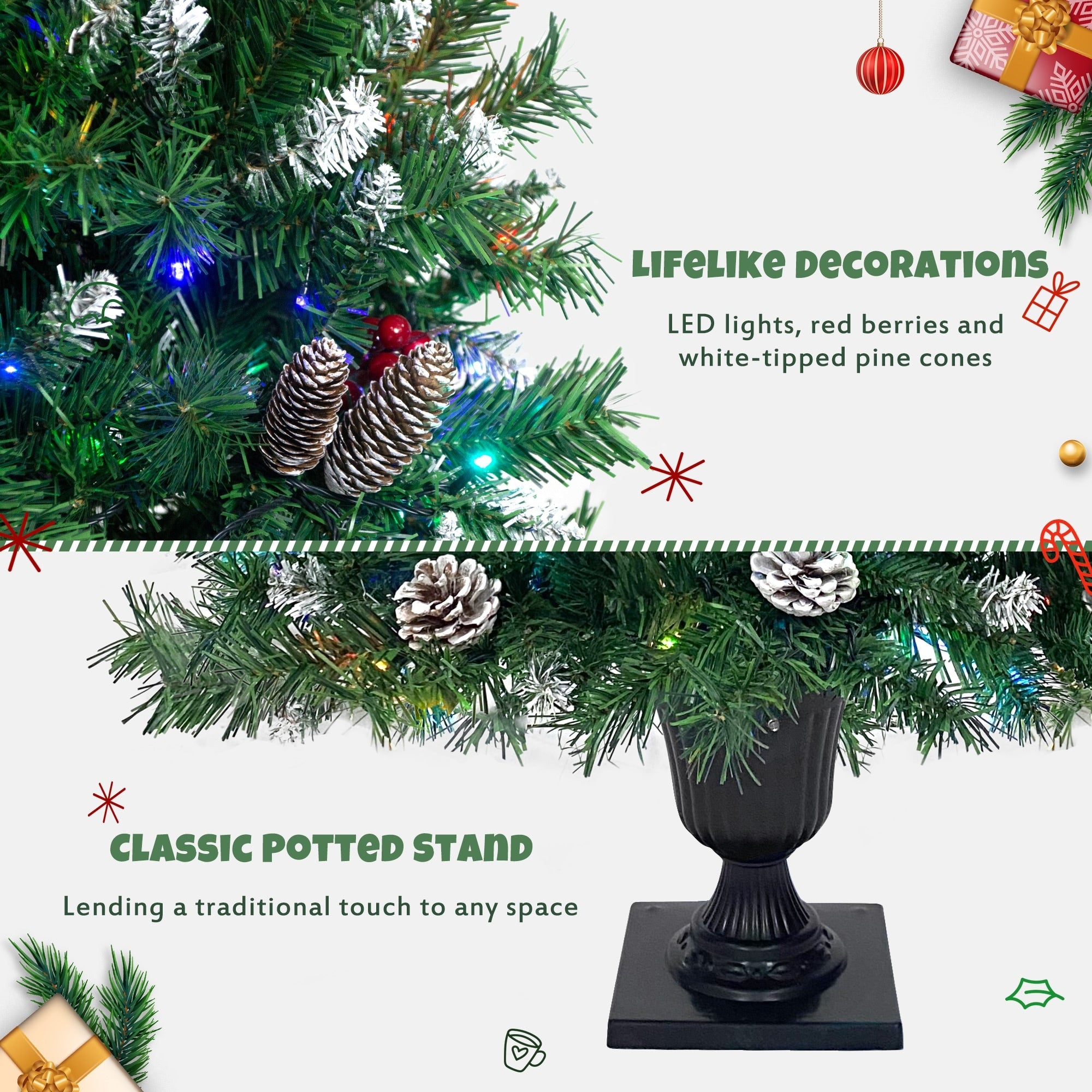 Artificial Christmas 4-Piece Set,Garland, Wreath and Set of 2 Entrance Trees X-mas with LED Lights, Christmas Tree